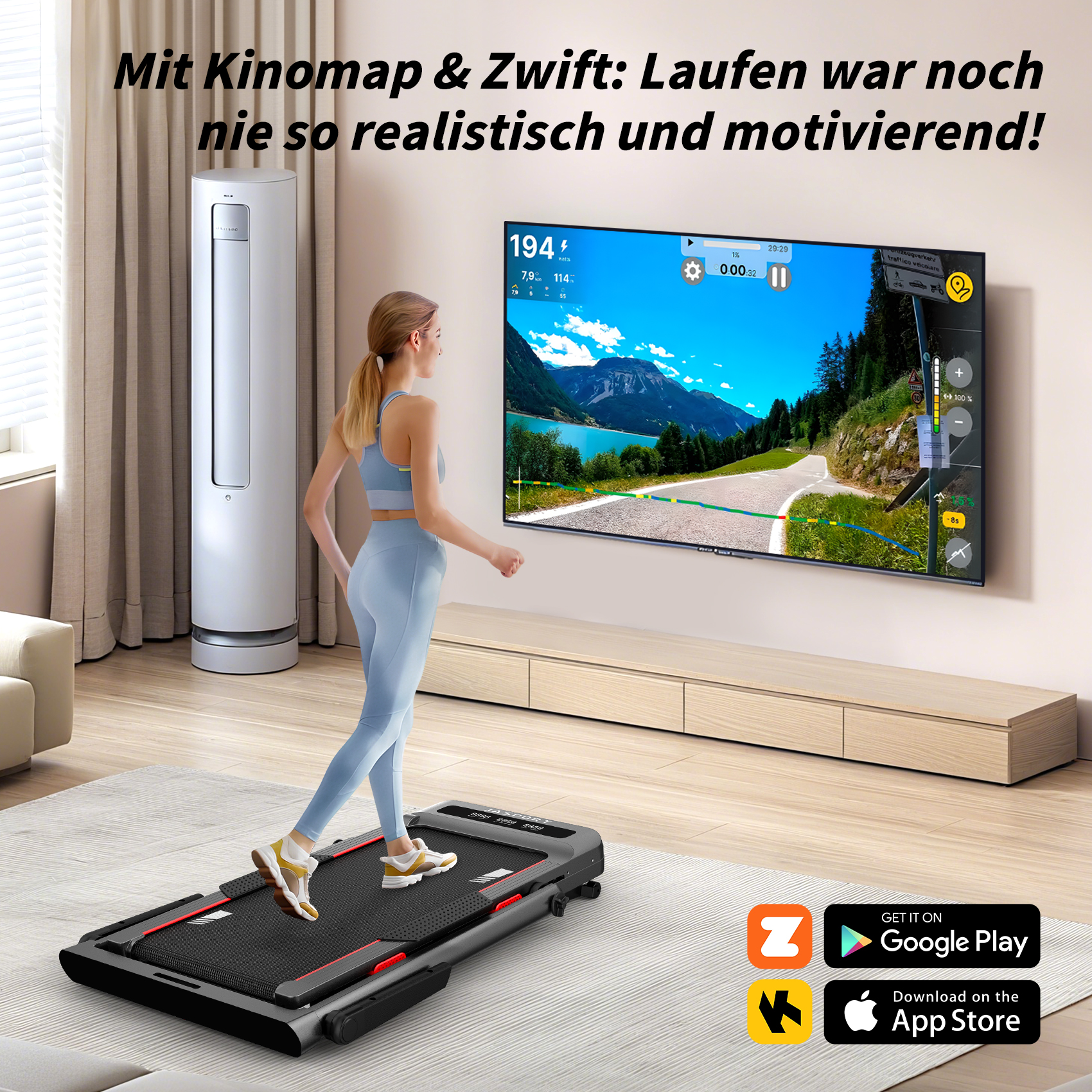 Frau geht auf einem Laufband, während sie auf einen Fernsehbildschirm schaut. Das Laufband ist schwarz und rot.