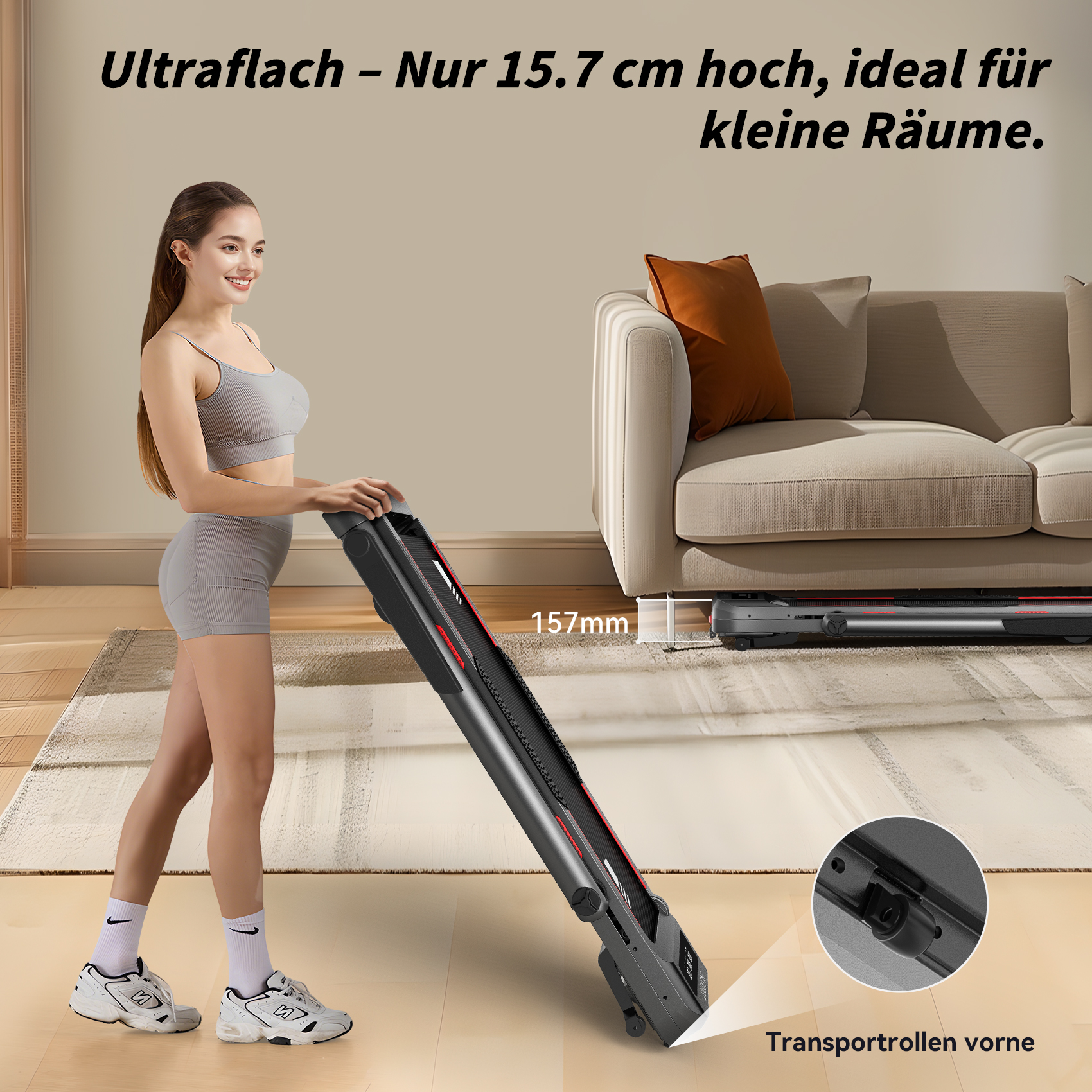 Frau neben einem zusammengeklappten Laufband. Das Laufband ist schwarz und rot.