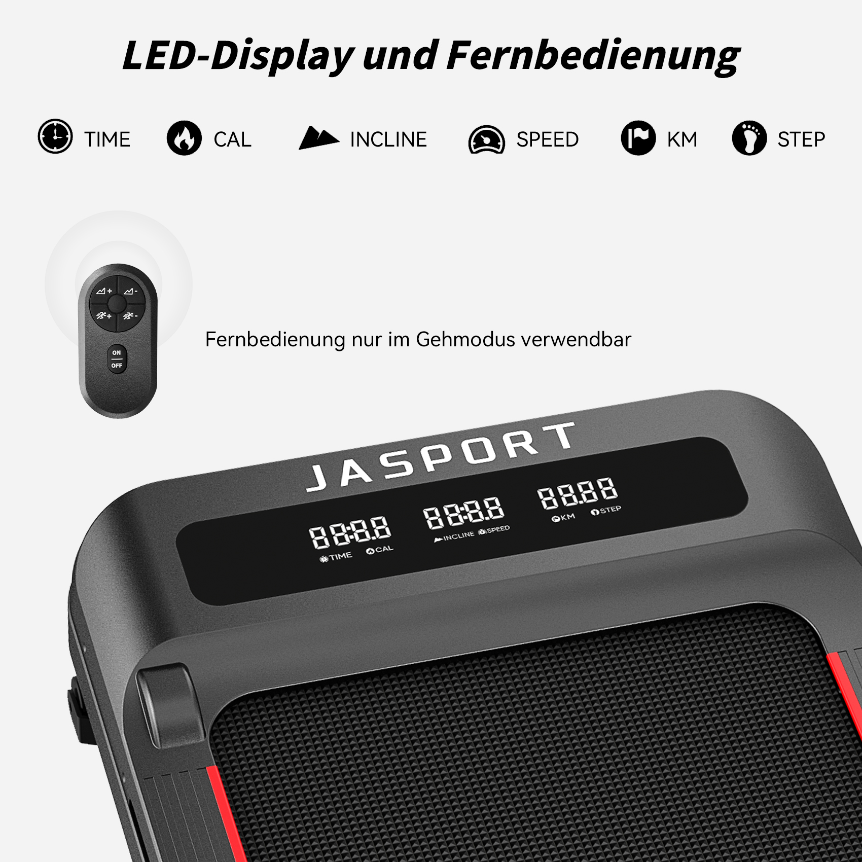 Ein Laufband-Bedienfeld. Es zeigt Zeit, Kalorien, Steigung, Geschwindigkeit, Entfernung und Schritte an. Eine Fernbedienung ist vorhanden.