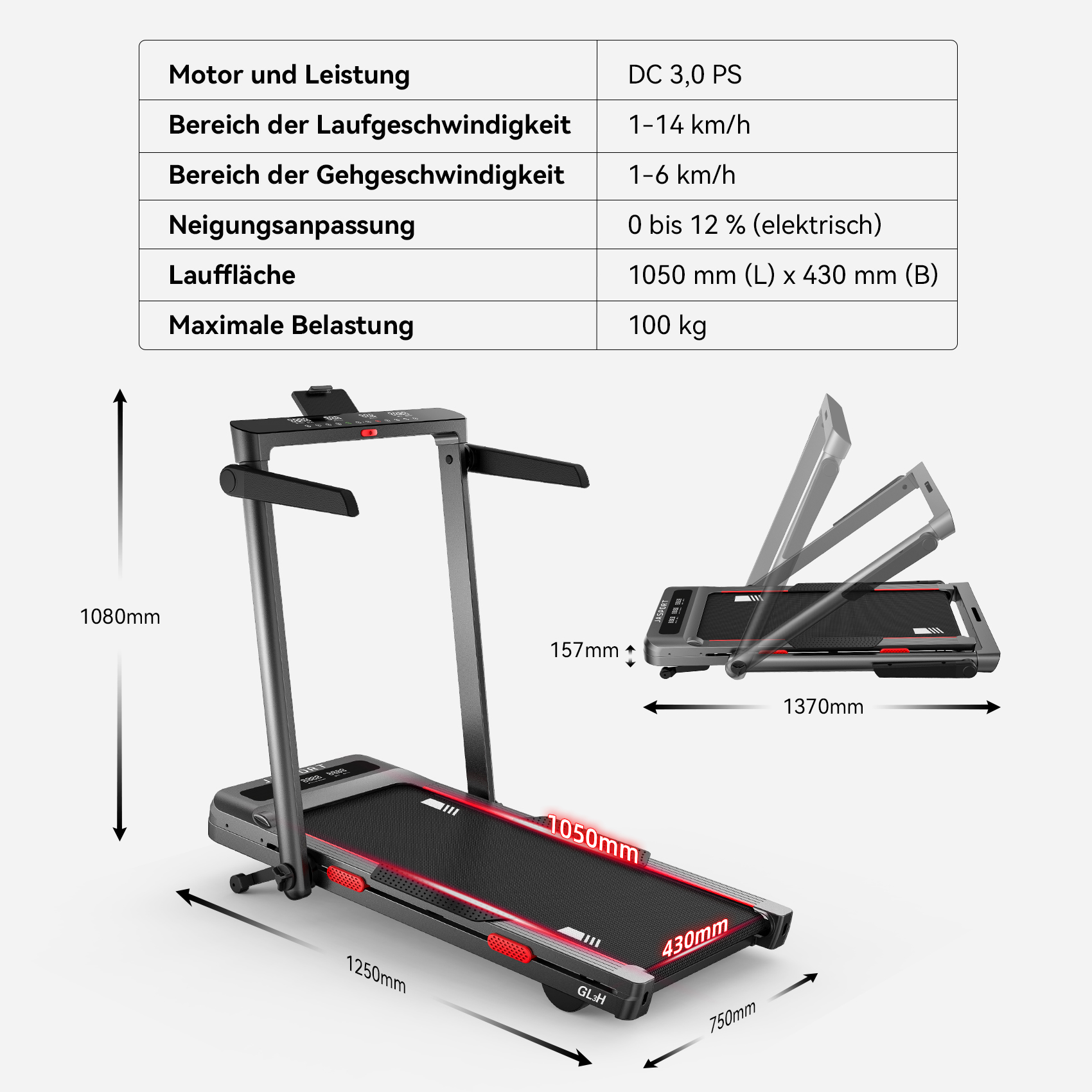 Diagramm eines Laufbands mit Abmessungen und Spezifikationen, einschließlich Motor und Geschwindigkeit.