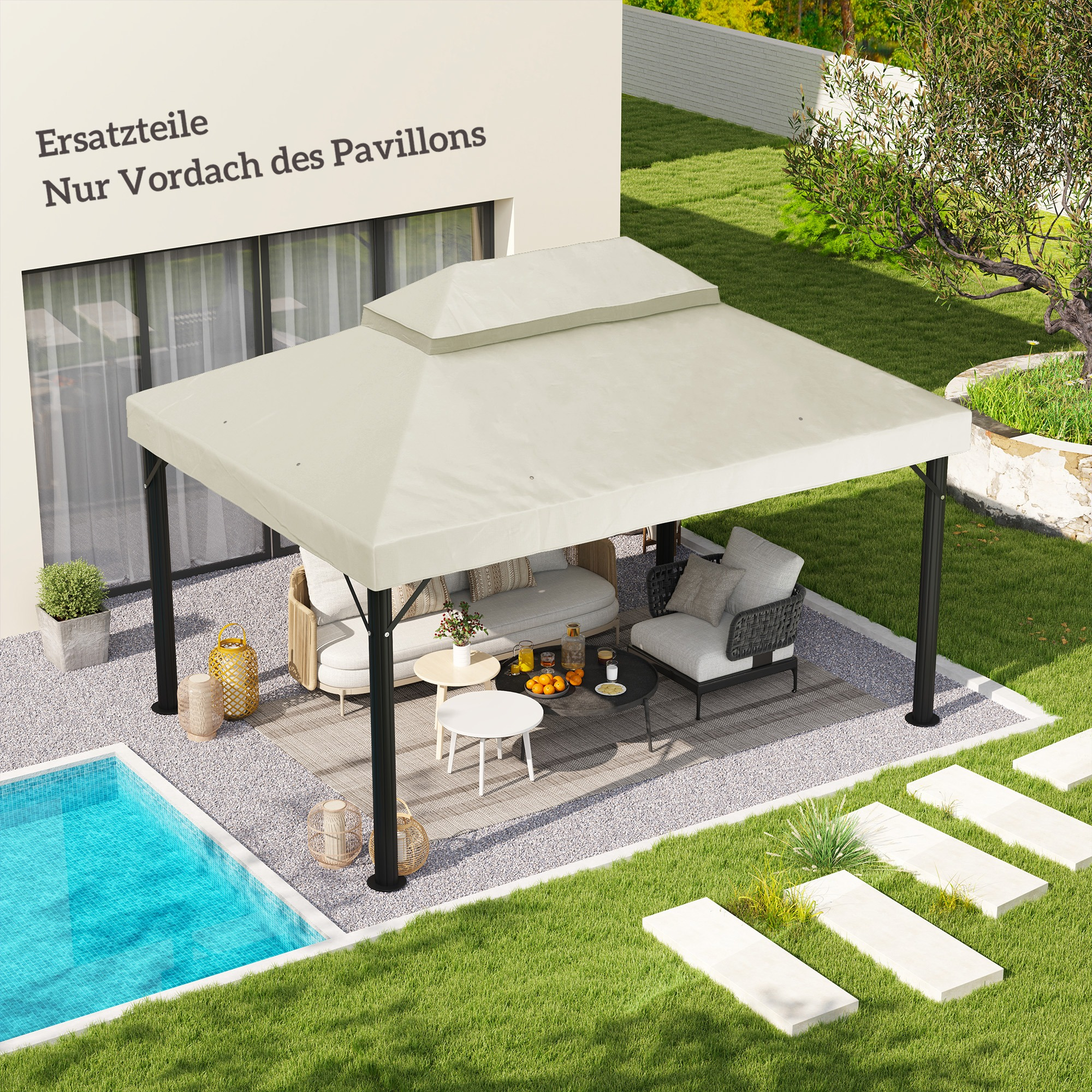 Beiges Pavillondach über Terrassenmöbeln. Grünes Gras, ein Pool und ein Gebäude im Hintergrund.