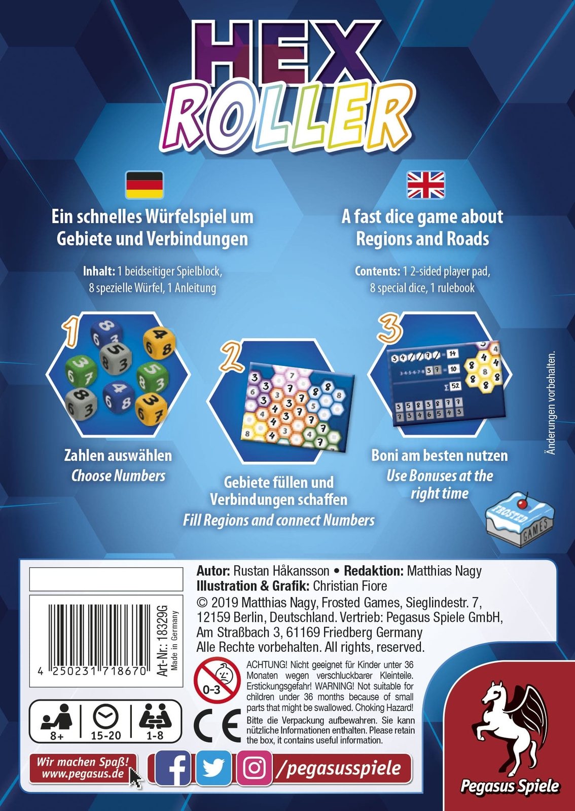 Rückseite der Spielbox. Ein Spiel mit Würfeln und einem Spielbrett. Text auf Deutsch und Englisch.