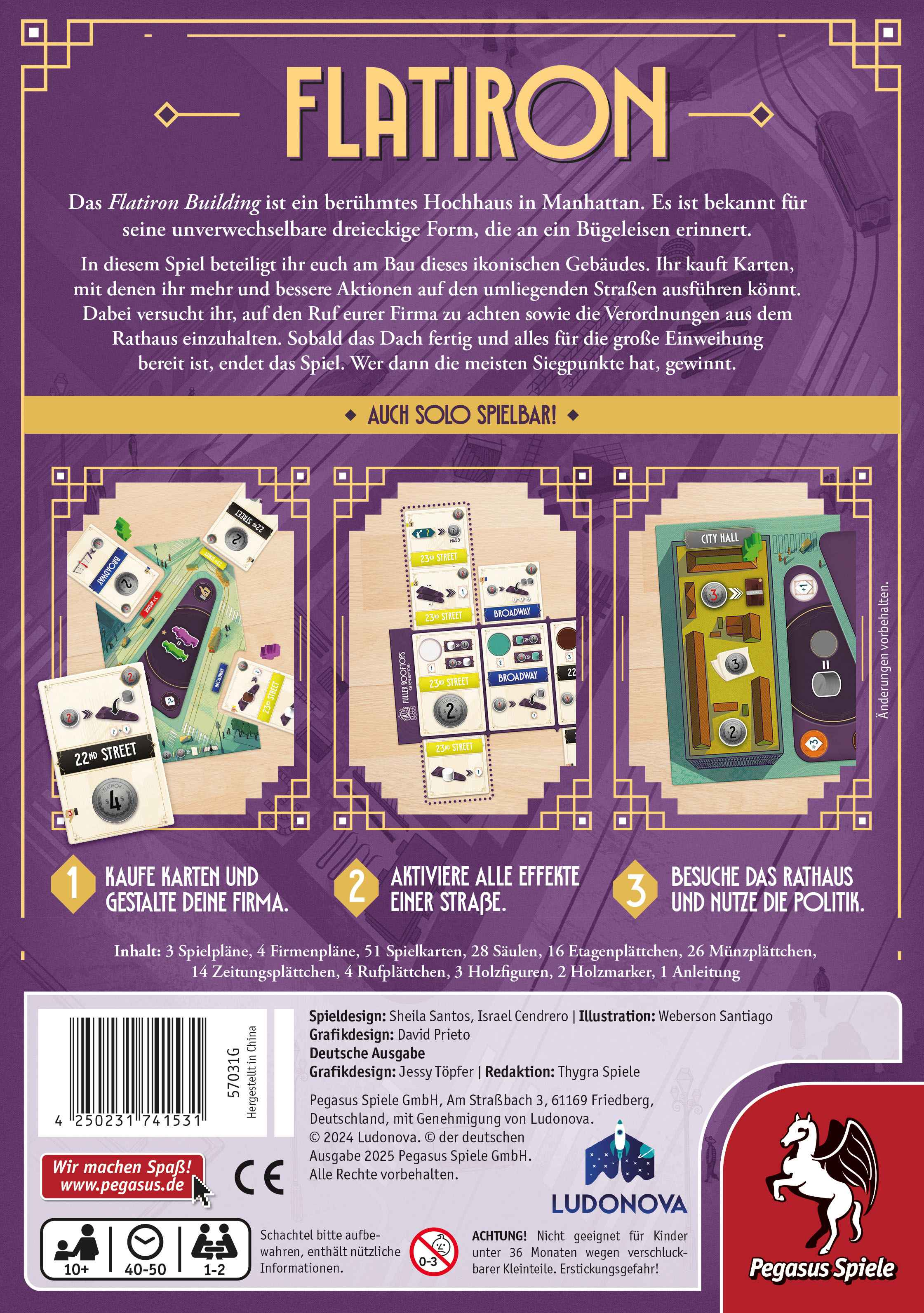 Retro della scatola del gioco. Le istruzioni mostrano come acquistare carte, attivare una strada e visitare il municipio.
