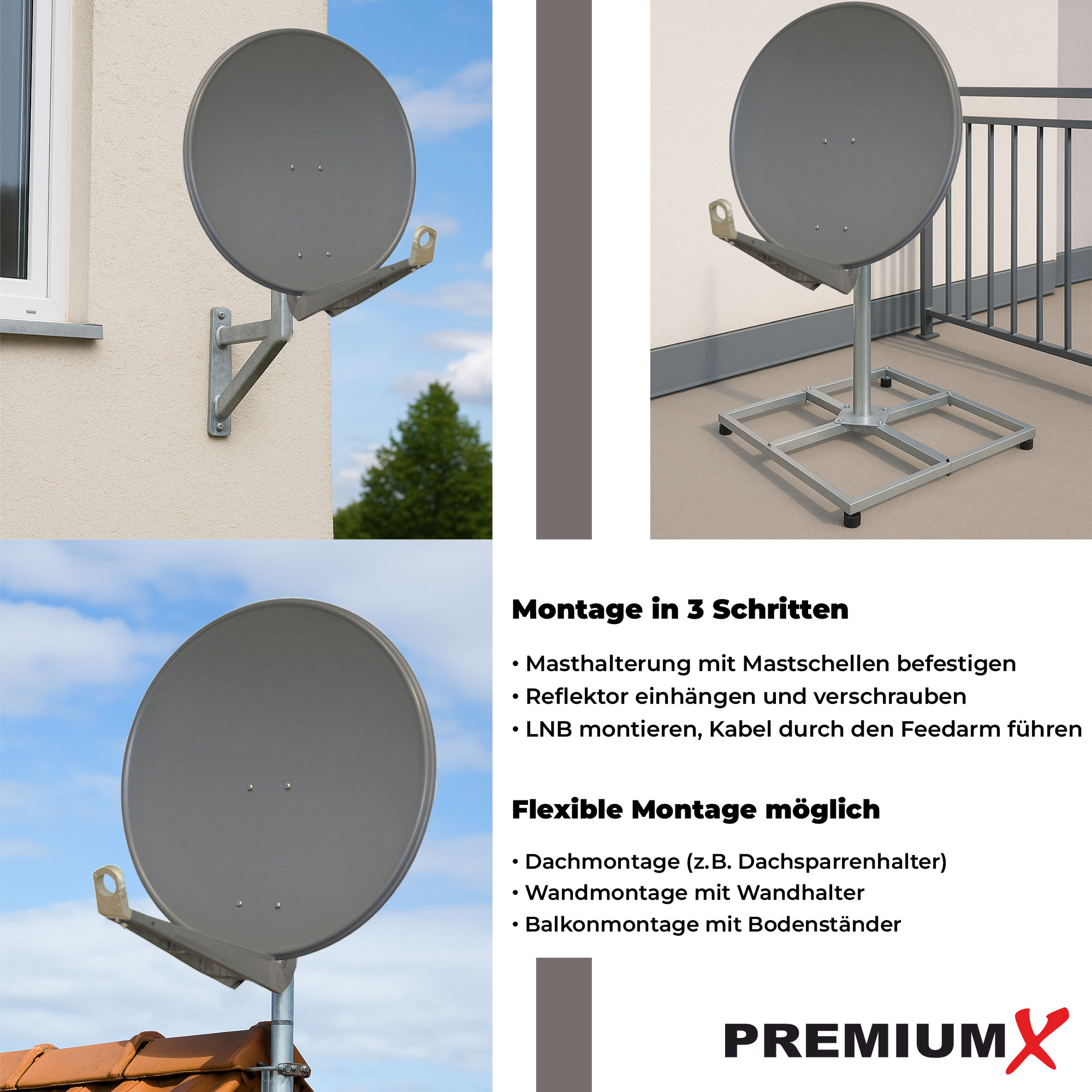 Drei Satellitenschüsseln, die auf verschiedene Arten montiert sind, mit Text, der die Montageoptionen angibt.