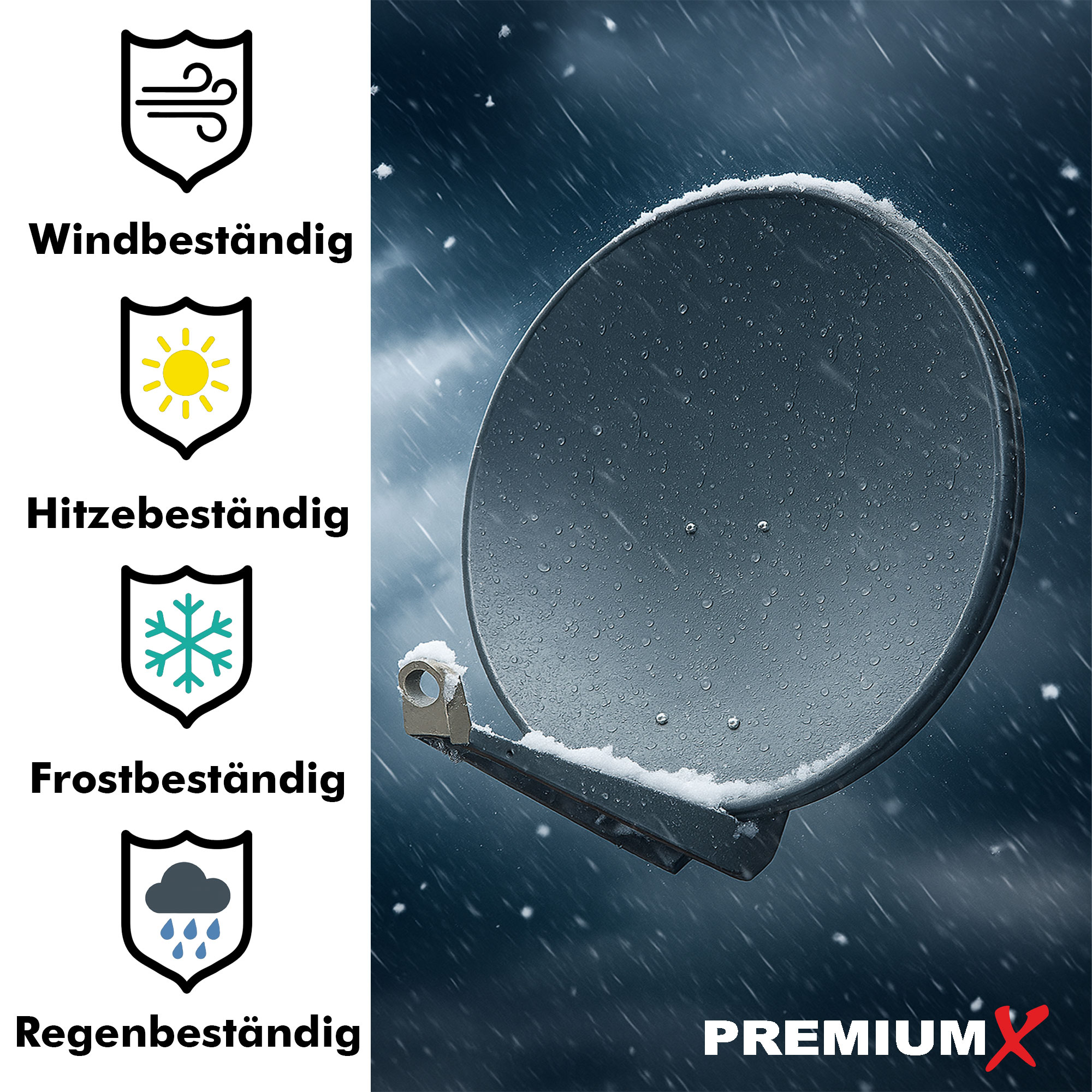 Satellitenschüssel im Schnee. Symbole weisen auf Wind-, Wärme-, Frost- und Regenbeständigkeit hin.