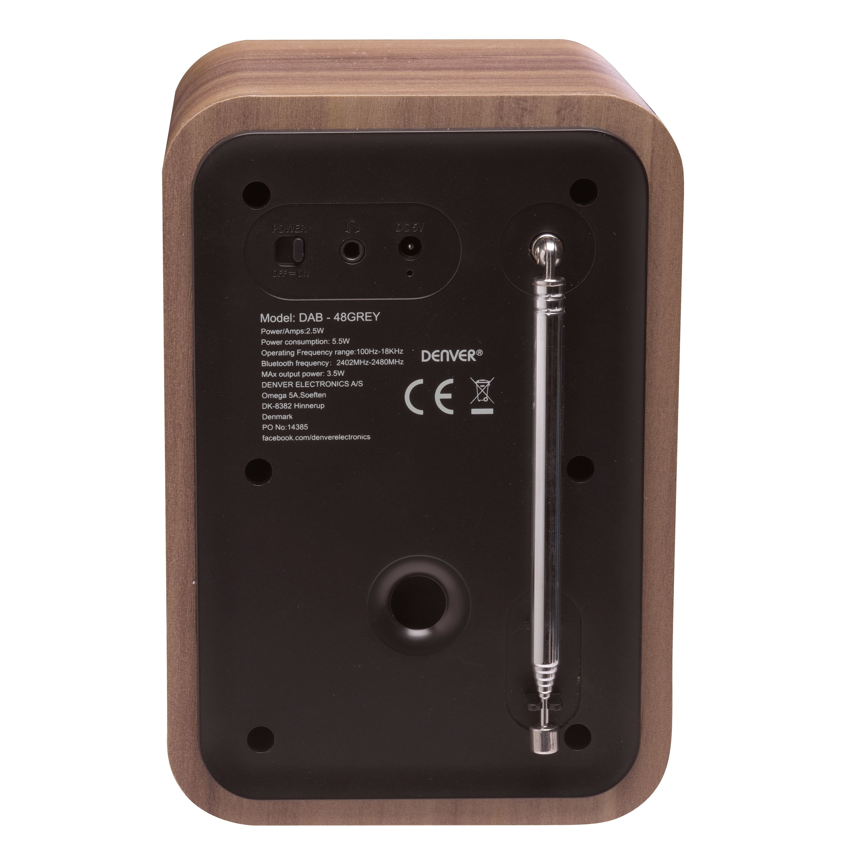 Tył brązowego i ciemnobrązowego radia z informacjami i anteną. Model: DAB-48GREY.