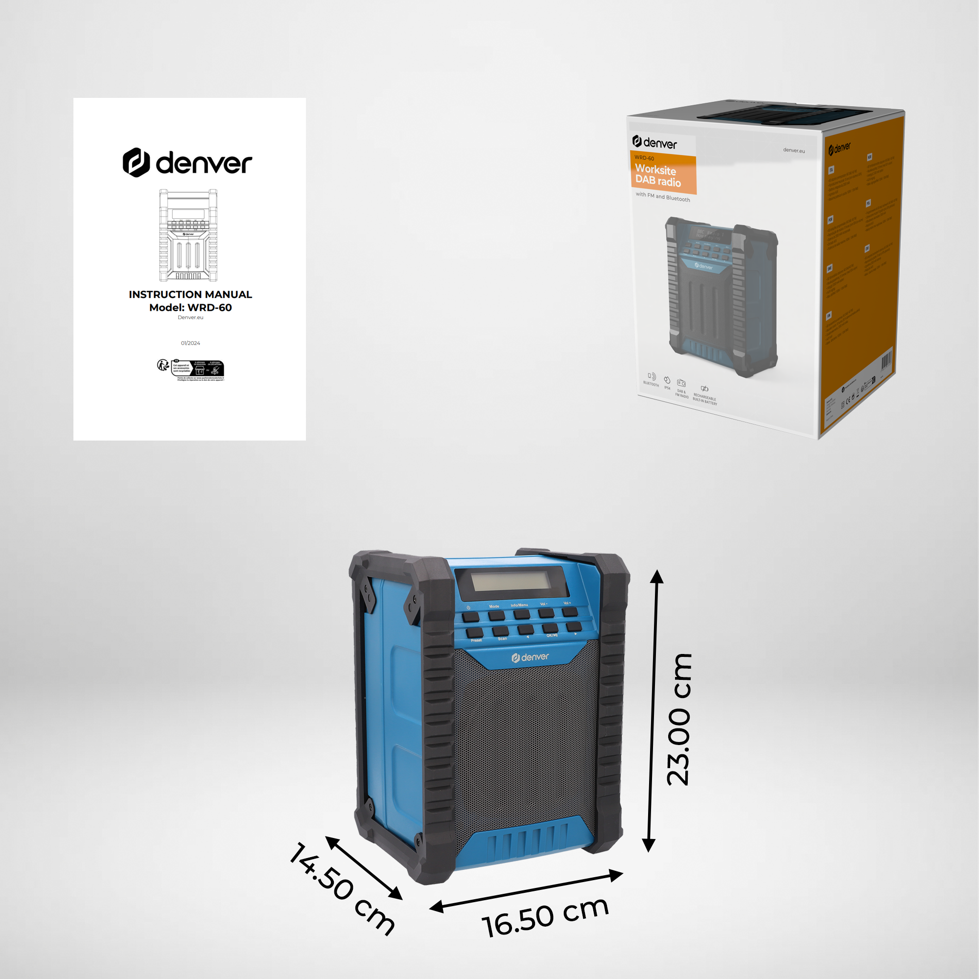 Niebiesko-czarne radio Denver Worksite DAB z wymiarami. Widoczna instrukcja obsługi i pudełko.