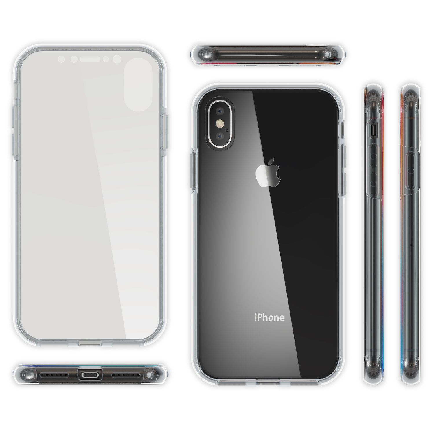 Custodia trasparente per iPhone con viste multiple. Logo iPhone sul retro. Sfondo bianco.