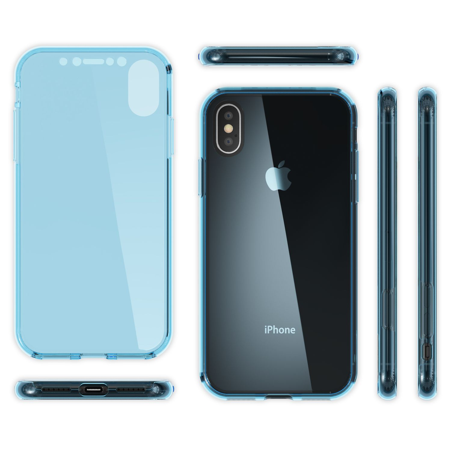 Mehrere Ansichten einer blauen Handyhülle, mit einem iPhone; oben, unten, vorne und Seiten.