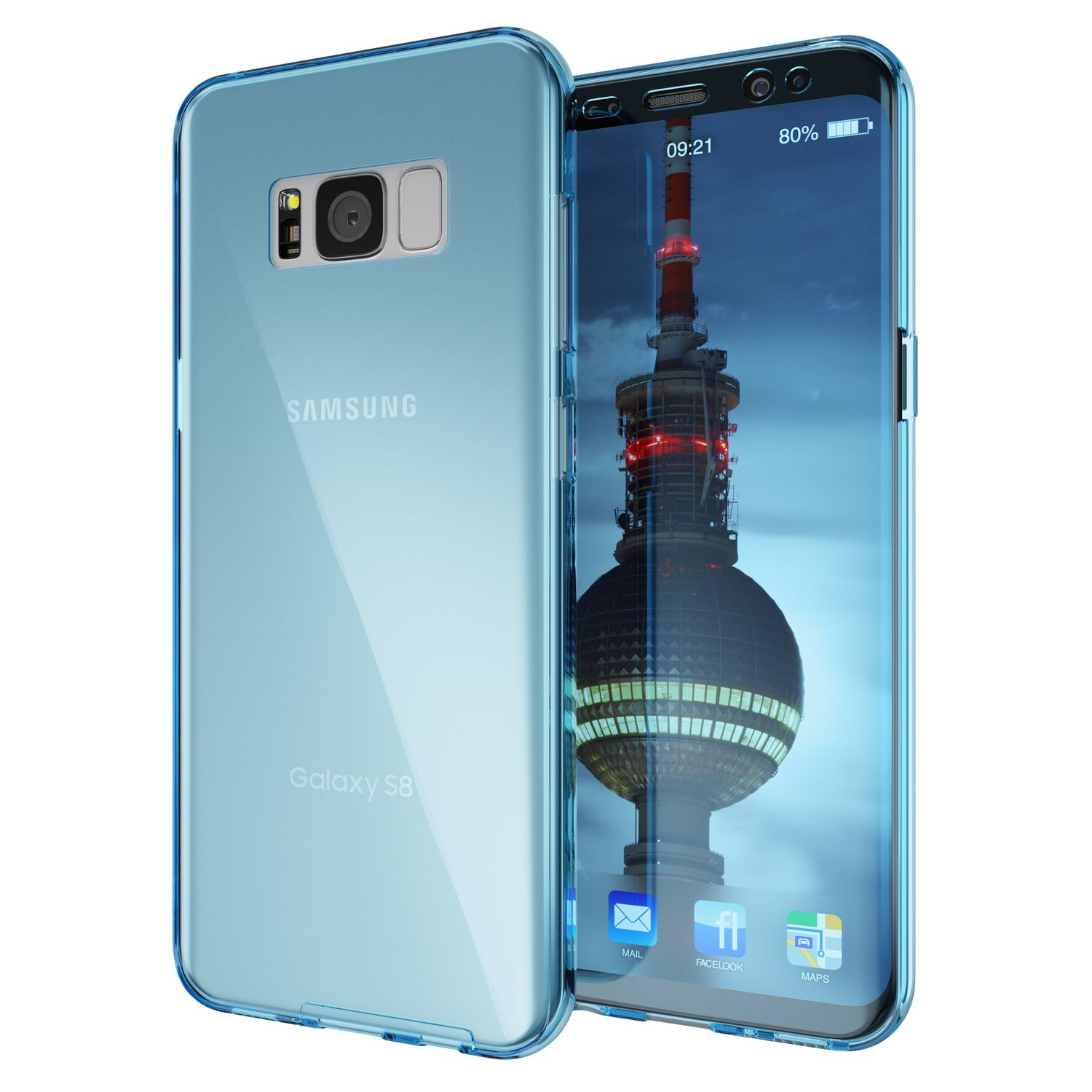 Ein Samsung Galaxy S8-Telefon in einer blauen, transparenten Hülle. Der Bildschirm zeigt eine Stadtlandschaft.