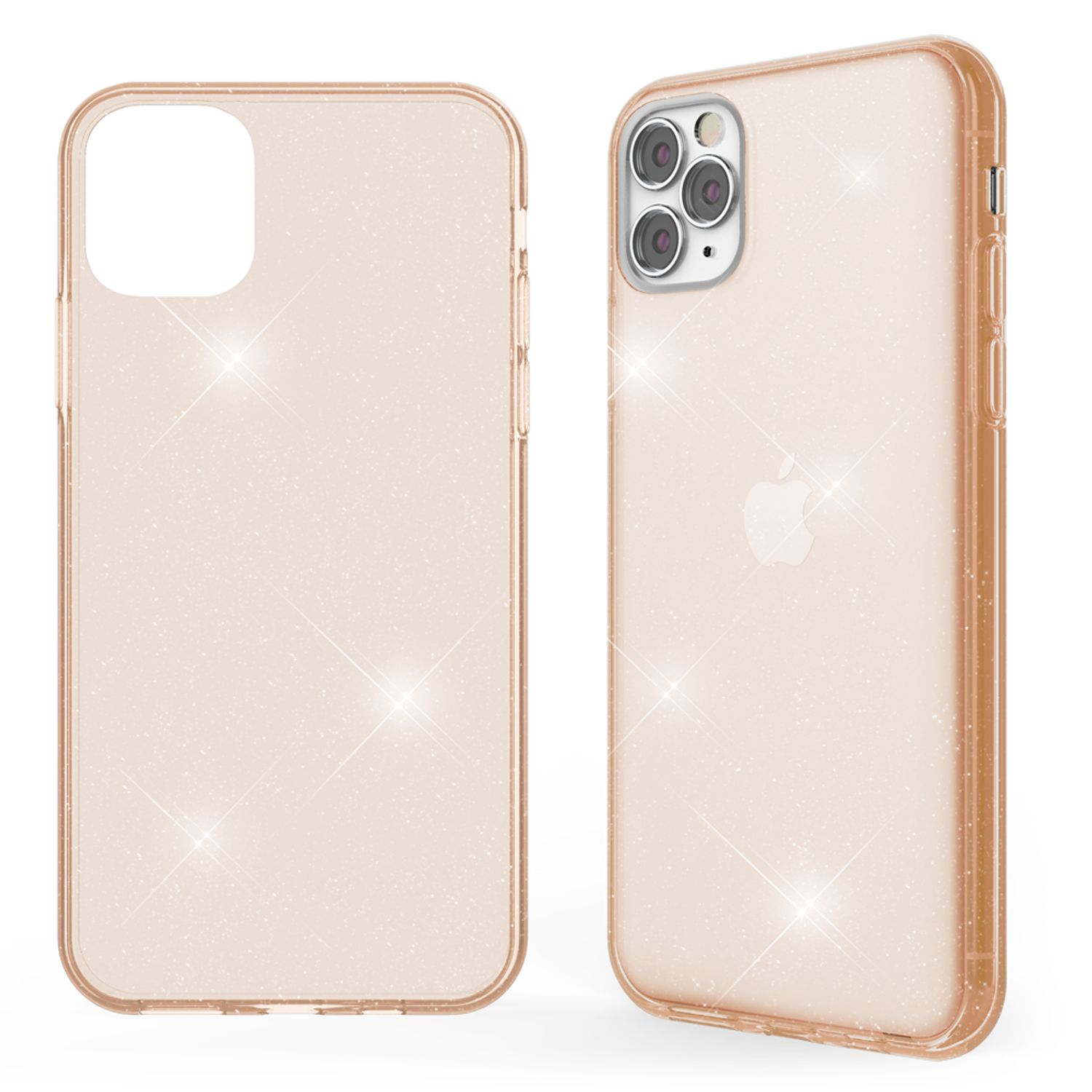 Dos fundas para teléfono con detalles de purpurina. Las fundas son para un iPhone. El teléfono no está presente.