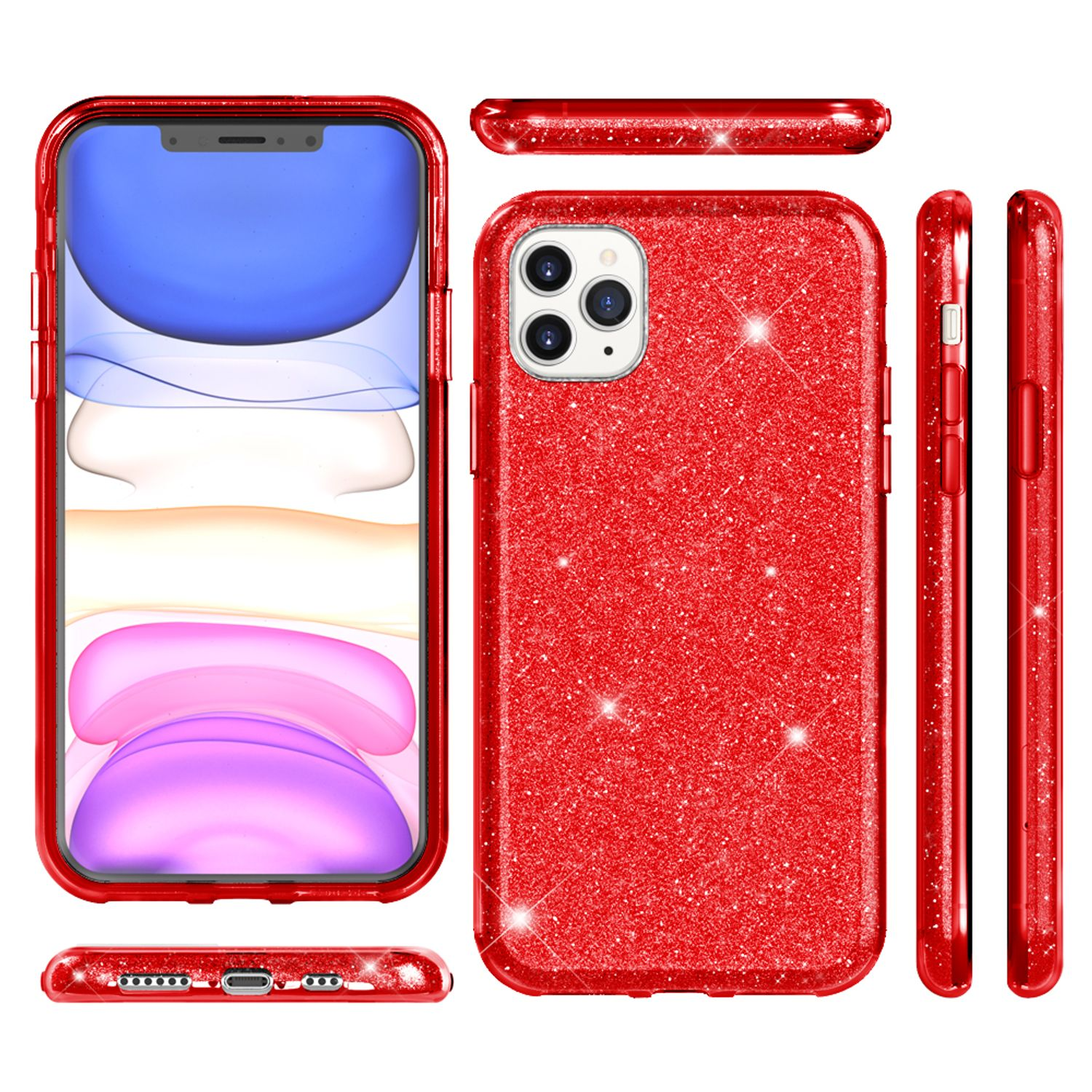 Múltiples vistas de una funda roja con purpurina. La funda se muestra desde múltiples ángulos, incluyendo la parte delantera y los lados.