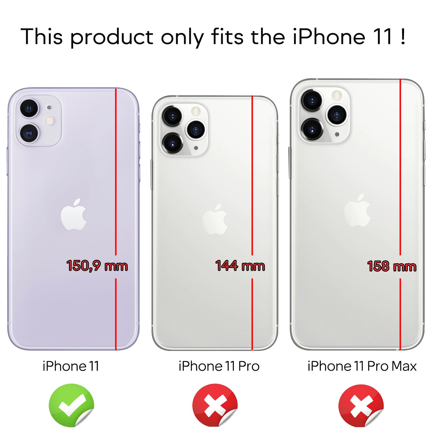 Tre telefoni con linee rosse che indicano le loro larghezze. Il testo dice: 'Questo prodotto si adatta solo all'iPhone 11!'.