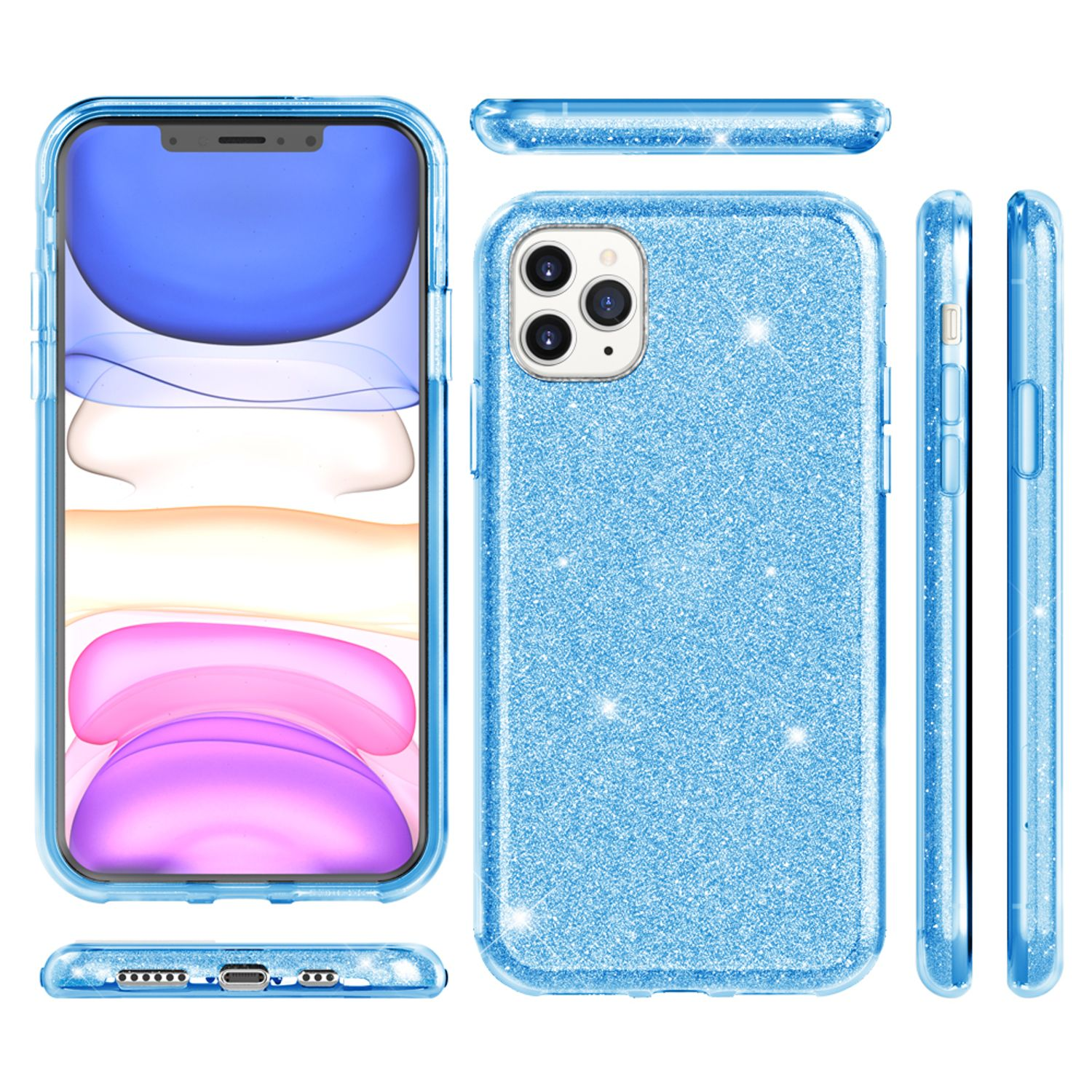 Funda azul brillante para iPhone. Se muestran múltiples vistas.