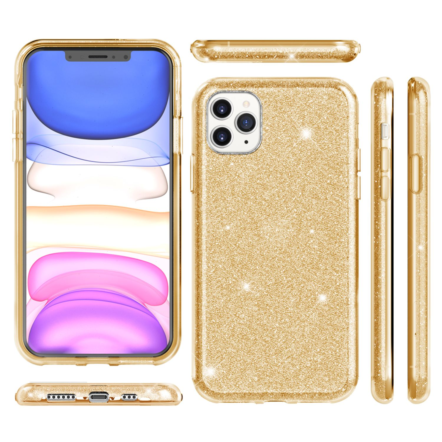 Funda dorada brillante para iPhone. Se muestran múltiples vistas.