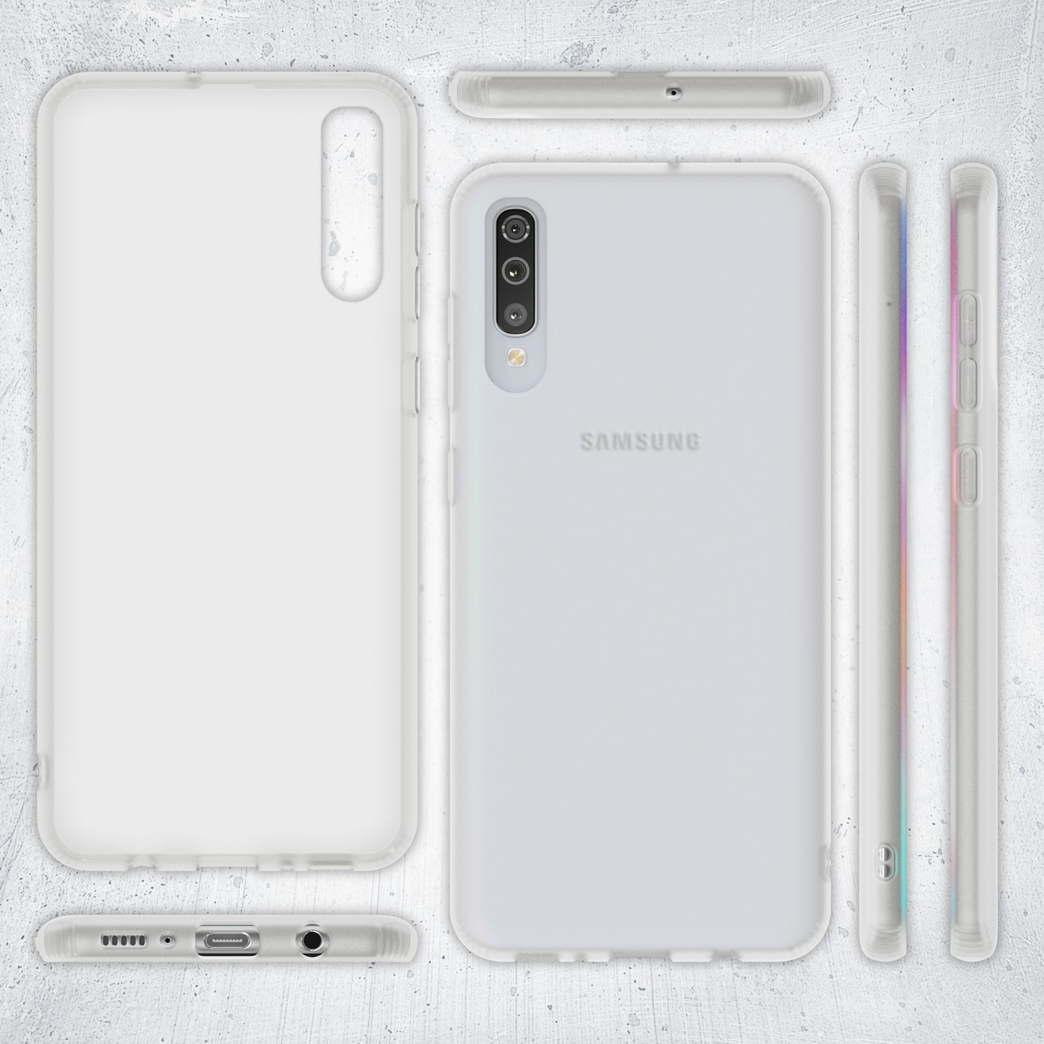 Weiße Handyhülle für Samsung mit mehreren Ansichten.