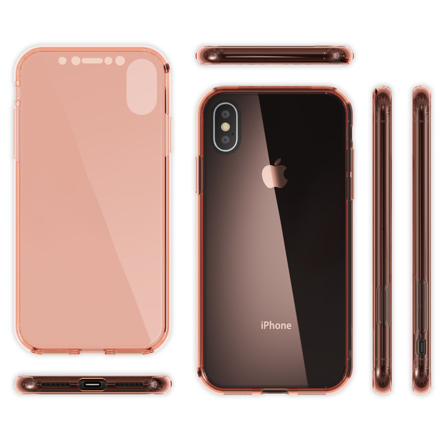 Roségoldene Handyhülle, verschiedene Winkel gezeigt. Das Apple-Logo des Telefons sichtbar.