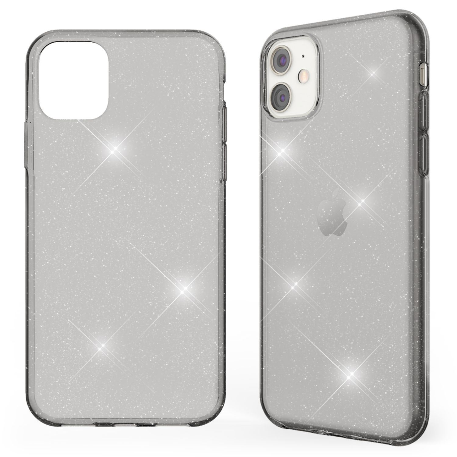 Una funda de teléfono gris con purpurina, con múltiples vistas. La funda del teléfono está en un teléfono.