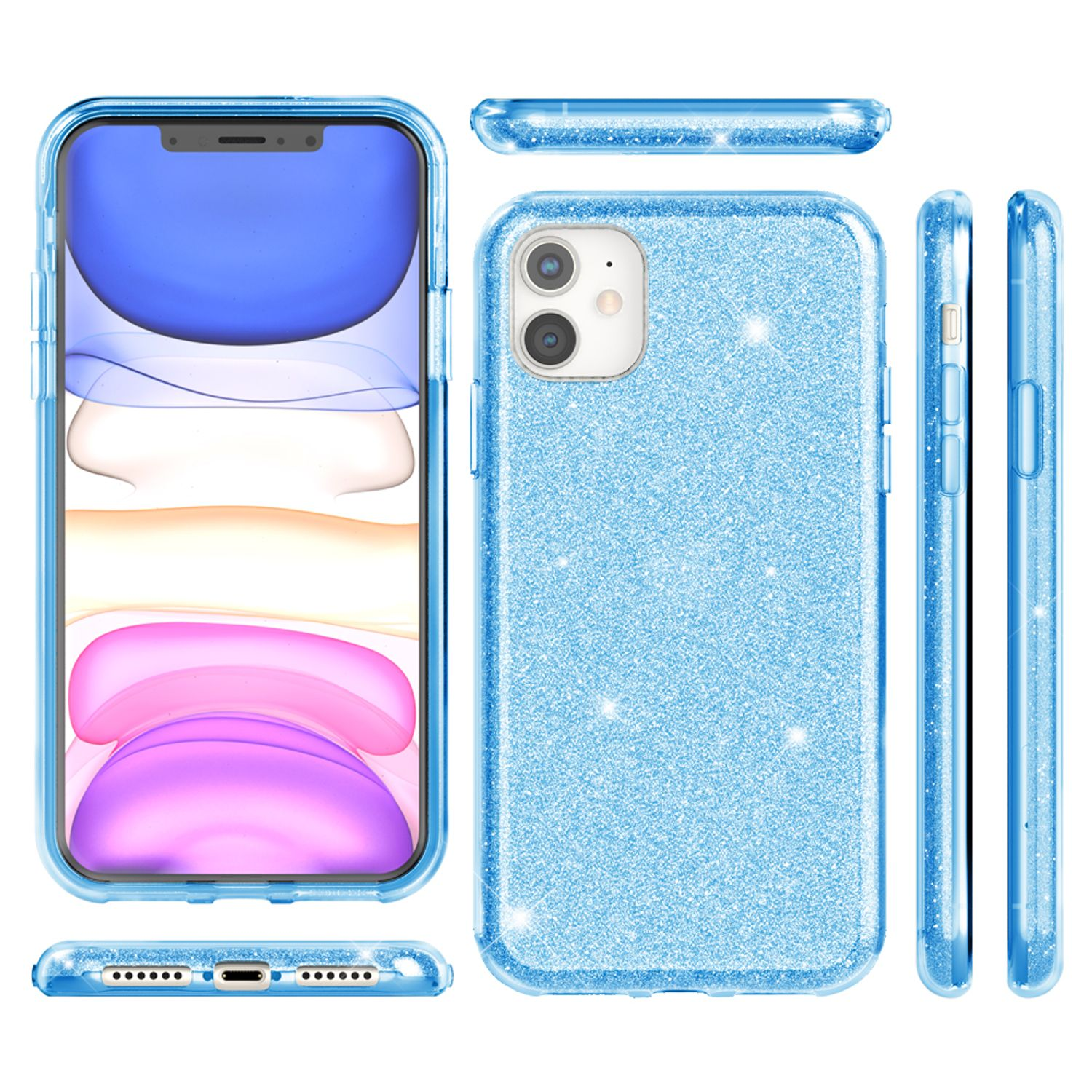 Una funda de teléfono con un diseño de purpurina azul, con múltiples vistas del teléfono y la funda sobre un fondo blanco.