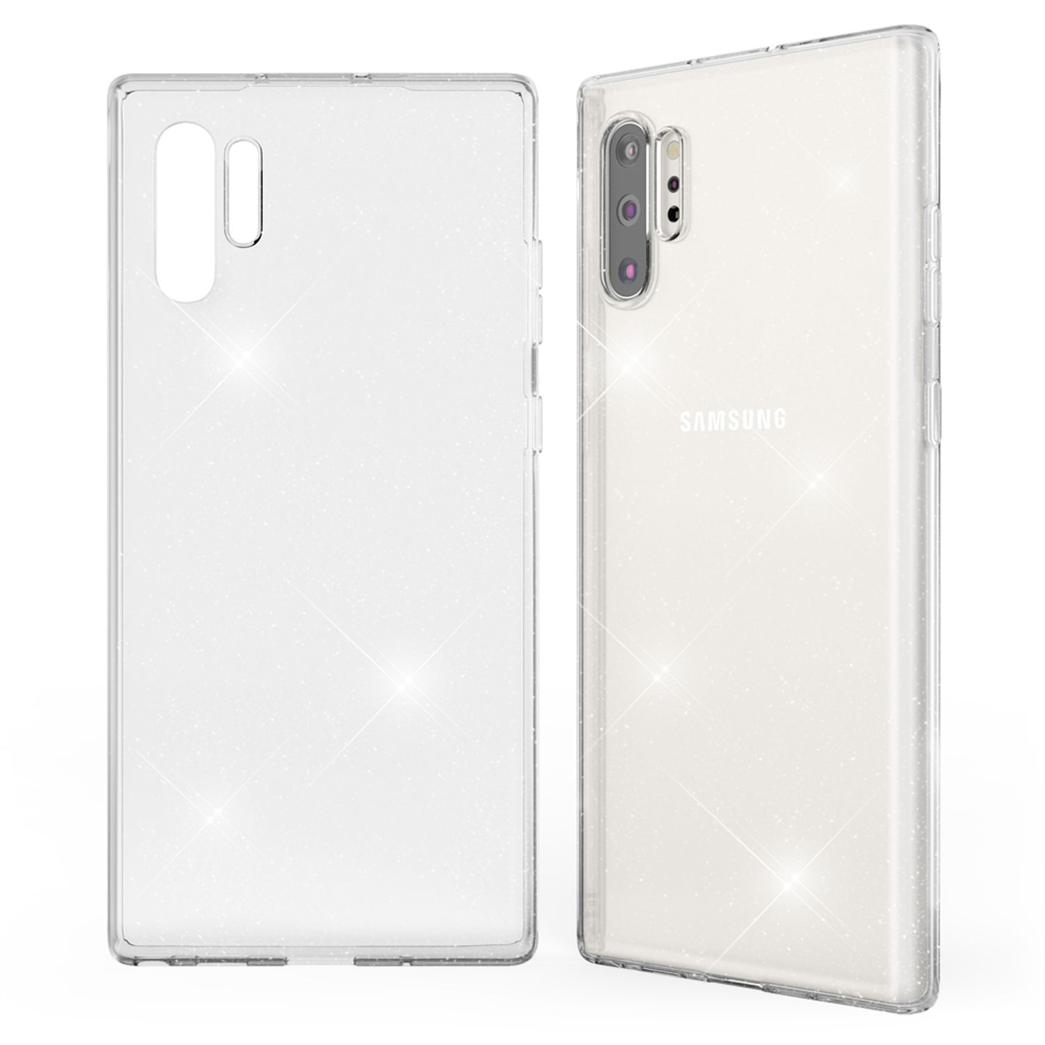 Ein Samsung-Telefon mit transparenter Hülle, mehrere Ansichten, die eine glitzernde Textur vor weißem Hintergrund zeigen.