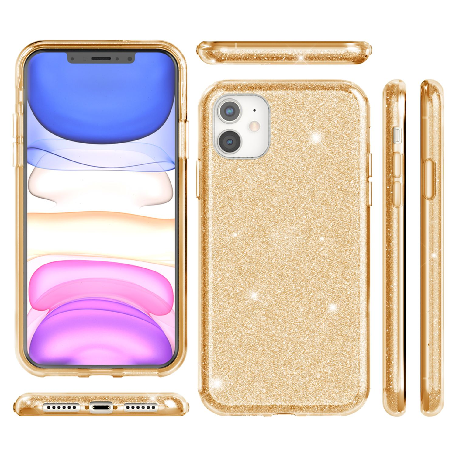Una funda de teléfono con purpurina dorada con múltiples vistas, que muestra el teléfono y la funda sobre un fondo blanco.