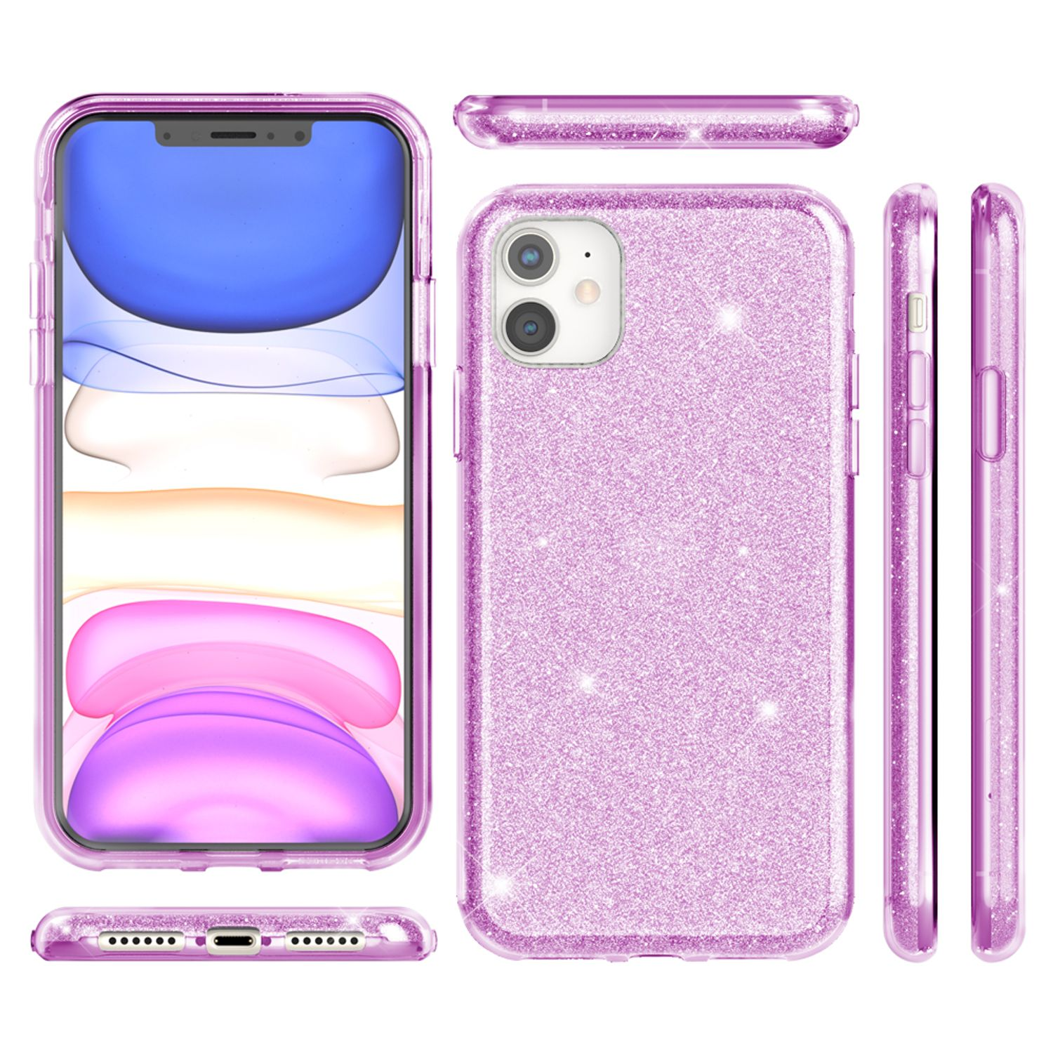 Funda de teléfono con brillo púrpura que se muestra en cinco vistas, la pantalla muestra un fondo de pantalla colorido.