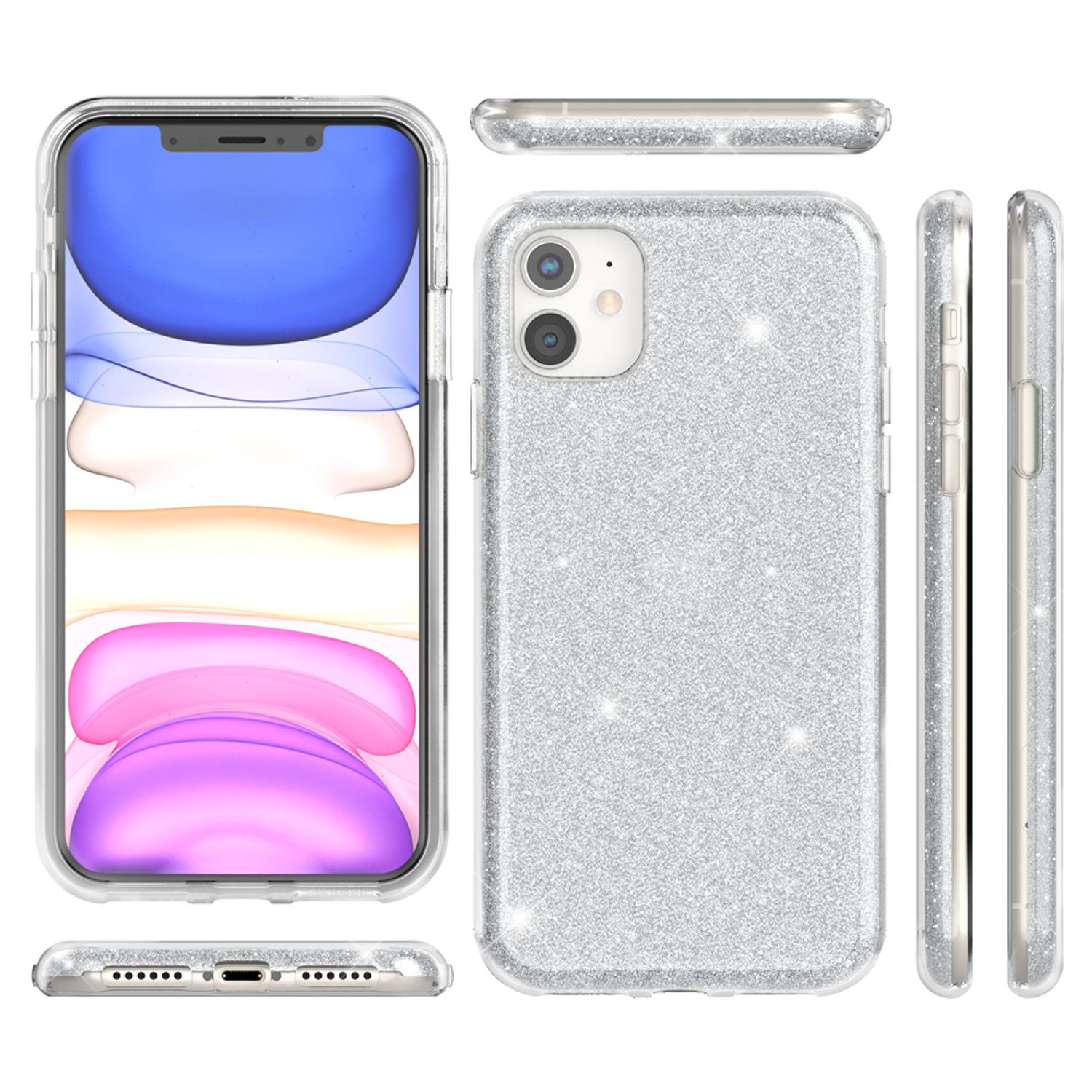 Funda plateada para teléfono con brillantina, vistas laterales y frontales. Hay un teléfono dentro.