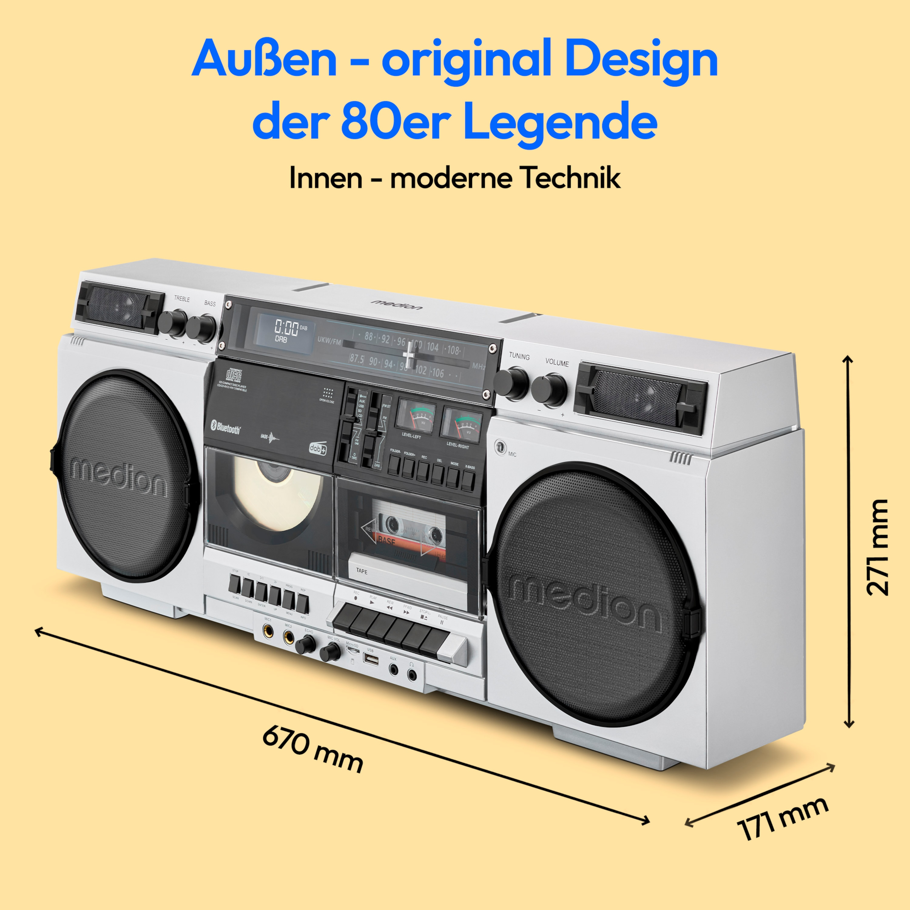 Boombox mit Maßen, Abmessungen sind 670mm x 271mm x 171mm, weißer Hintergrund.