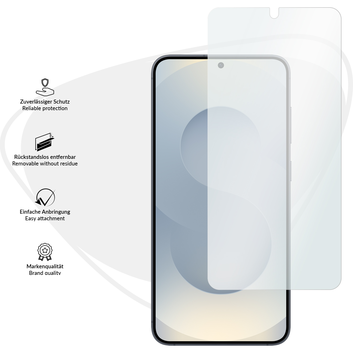 Ein Smartphone mit Displayschutz. Das Telefon ist schwarz, der Schutz ist klar und leicht dezentriert.