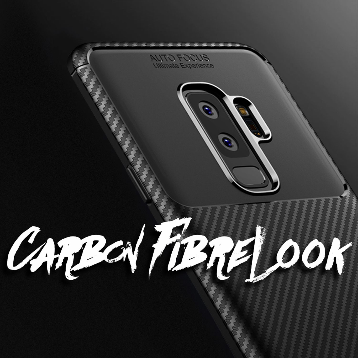 Eine schwarze Handyhülle mit Kohlefasertextur. Die Worte "CARBON FIBRE LOOK" stehen unten.