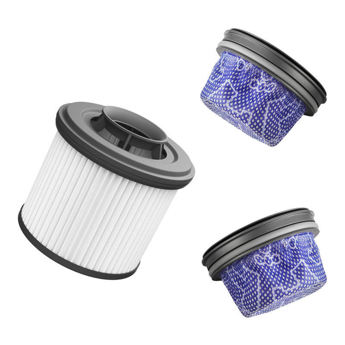 Tre filtri per aspirapolvere, con un filtro cilindrico bianco e due filtri blu.