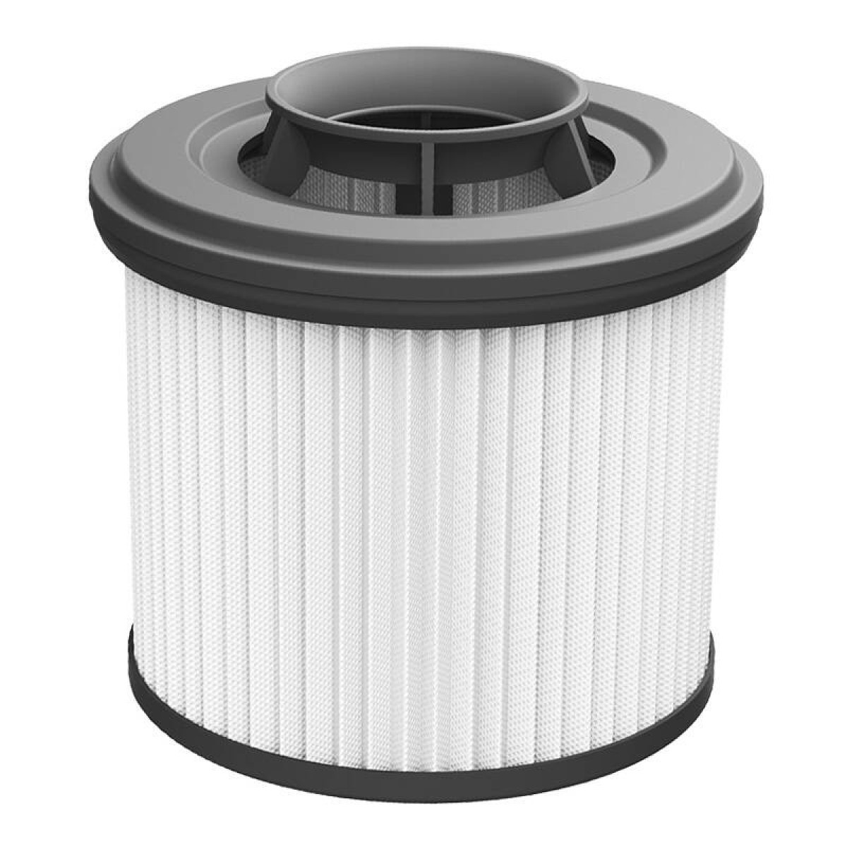 Un filtro per aspirapolvere cilindrico con un filtro plissettato bianco all'interno di un involucro grigio e nero. Sfondo bianco.