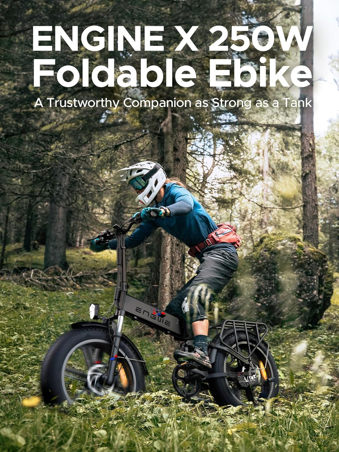 Person fährt ein schwarzes E-Bike auf einem Weg durch einen Wald. Text: ENGINE X 250W Foldable Ebike.