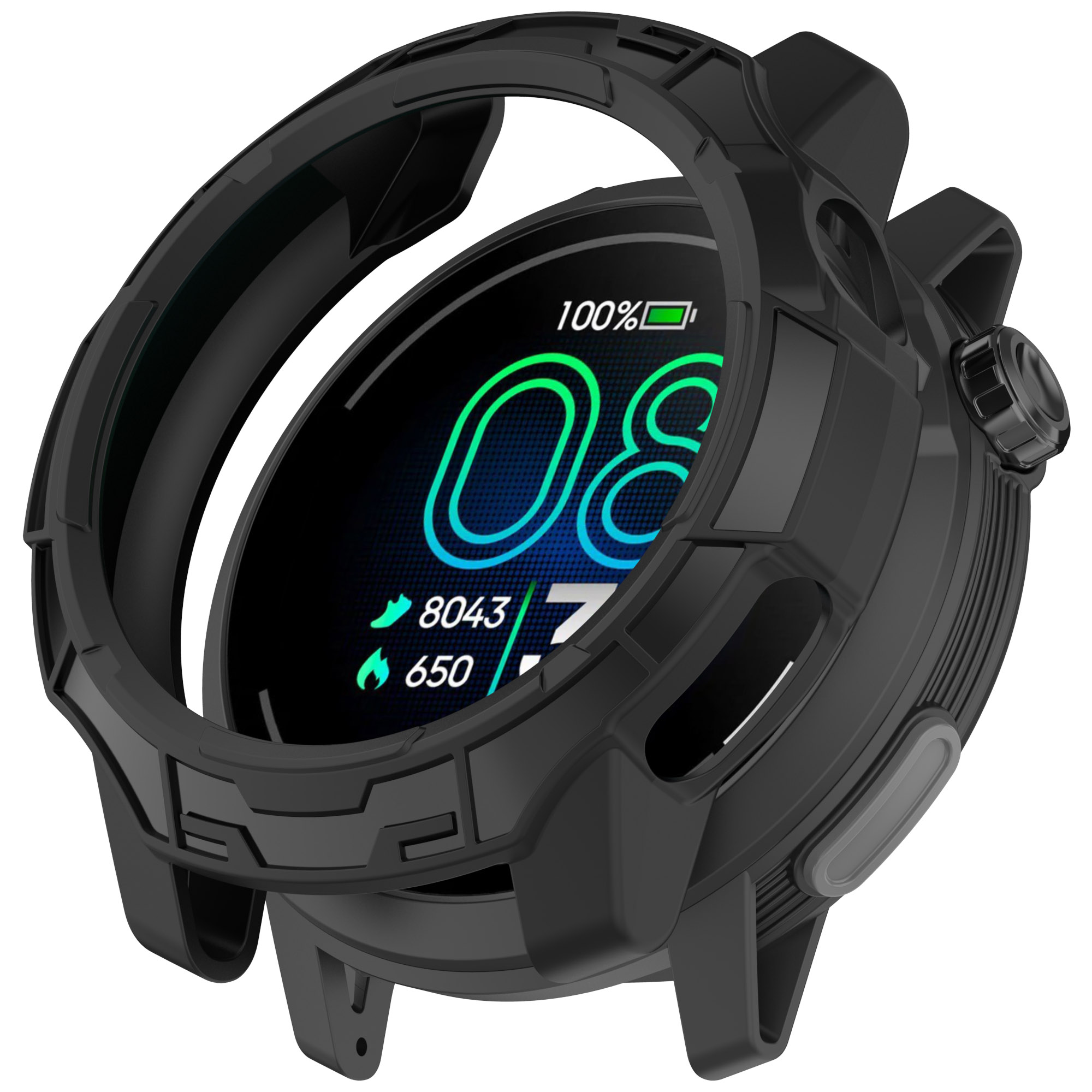 Smartwatch nera in una custodia nera che mostra il display digitale con numeri e icone.