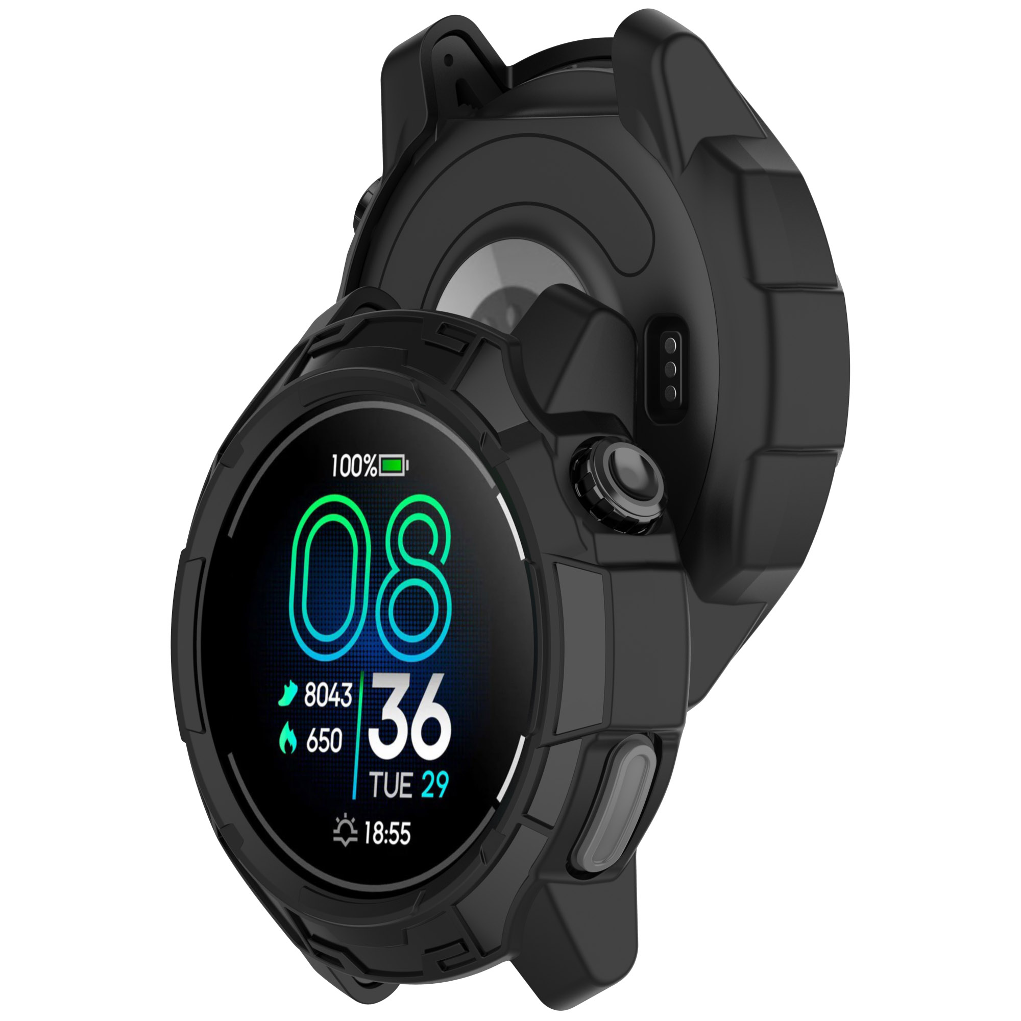 Custodia per smartwatch nera con l'orologio che mostra ora, batteria e dati sanitari.