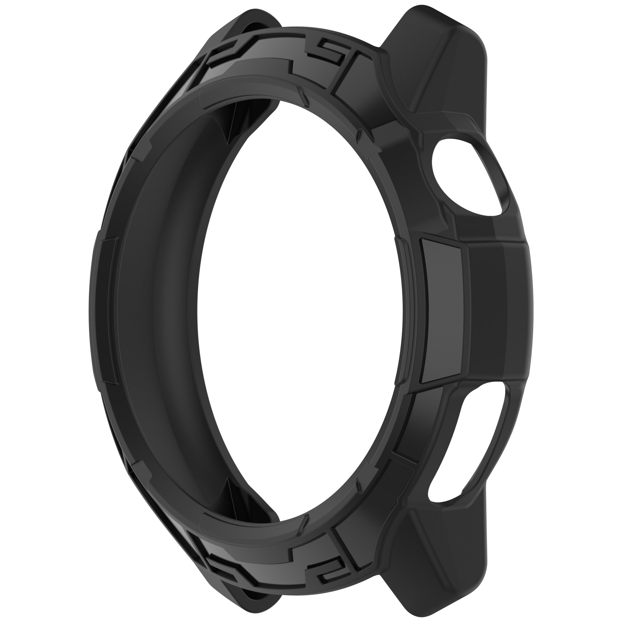 Custodia per orologio nera con design aperto e aspetto robusto e angolare.