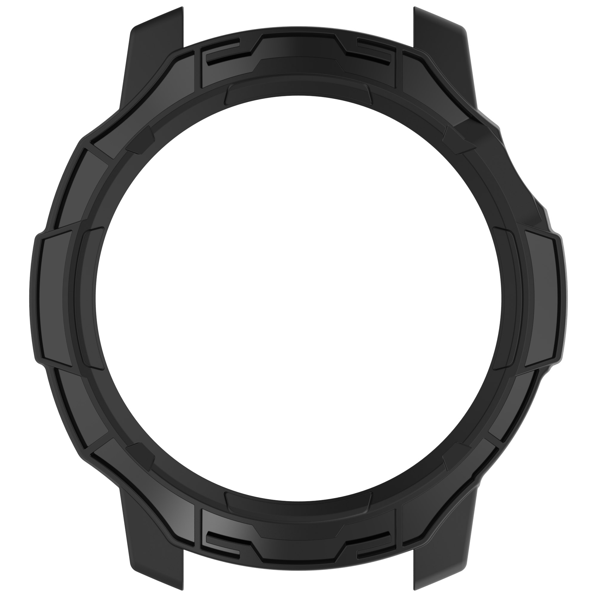 Cornice nera per orologio, circolare con ampia apertura. La cornice ha bordi dettagliati e intagli per pulsanti.