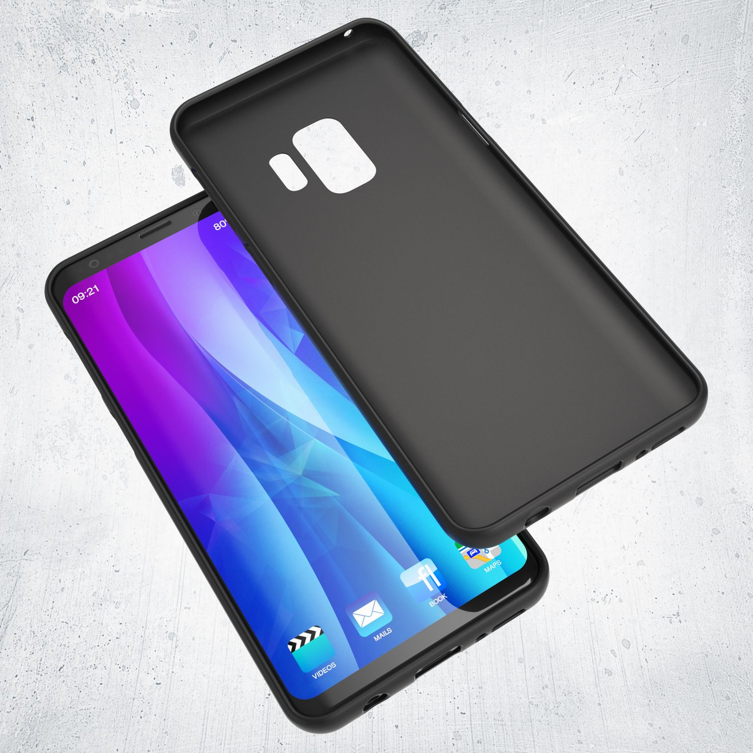 Schwarzes Telefon mit schwarzer Hülle, der Bildschirm zeigt einen violett-blauen Hintergrund.