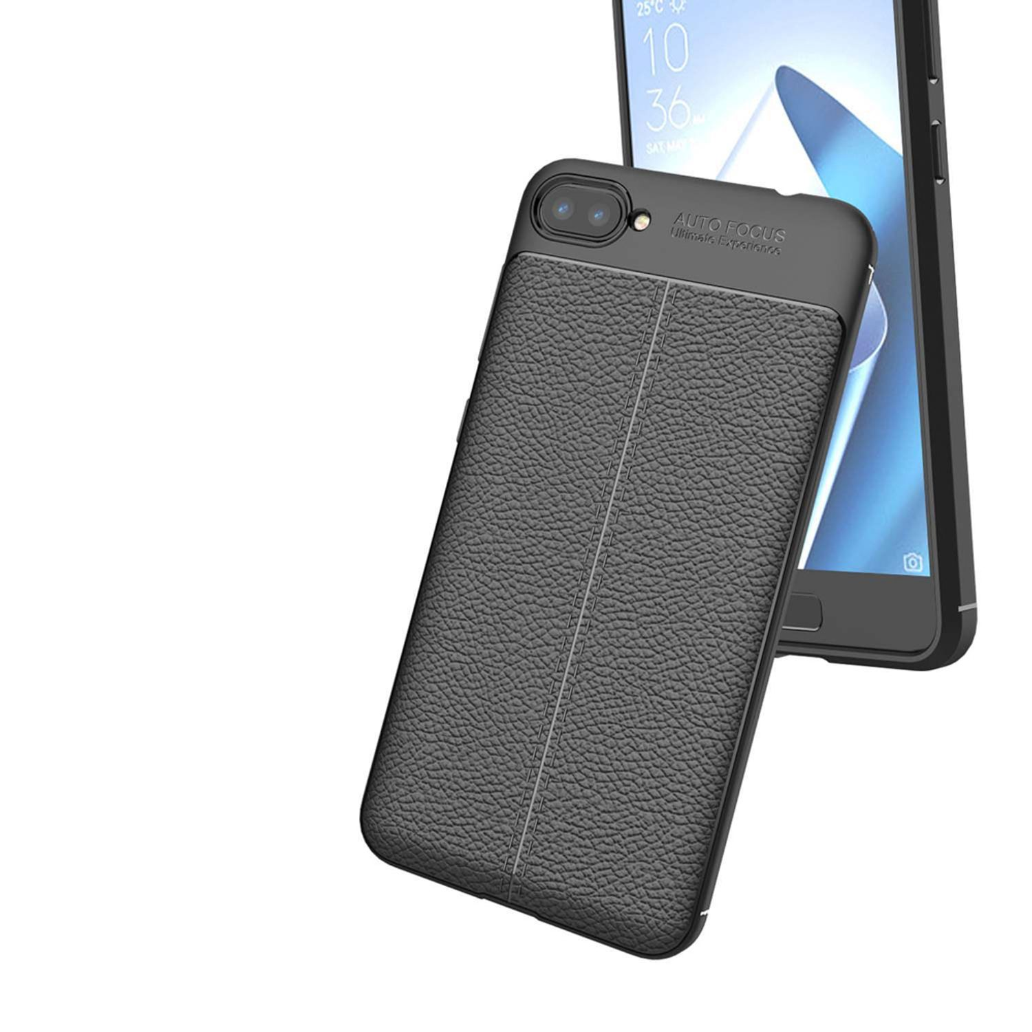 Schwarzes Telefon mit grau strukturierter Hülle. Die Hülle hat ein lederartiges Aussehen.