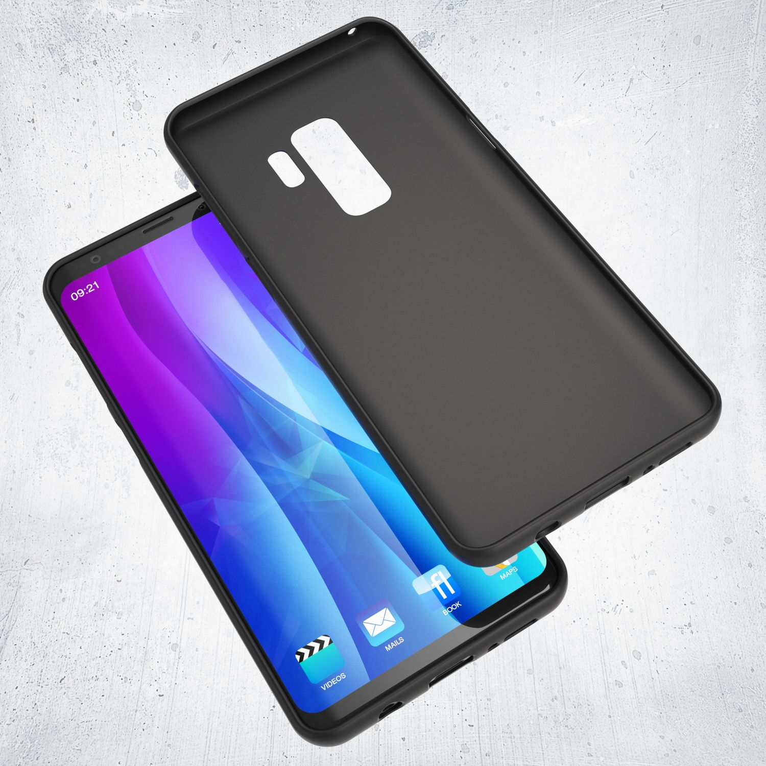 Schwarzes Telefon mit schwarzer Hülle. Der Bildschirm zeigt einen lila-blauen Hintergrund.