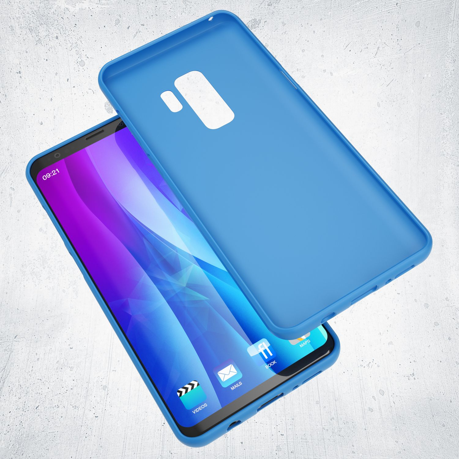 Blaues Telefon mit Hülle. Der Bildschirm zeigt bunte Icons. Die Hülle liegt leicht über dem Telefon. Der Hintergrund ist grau.