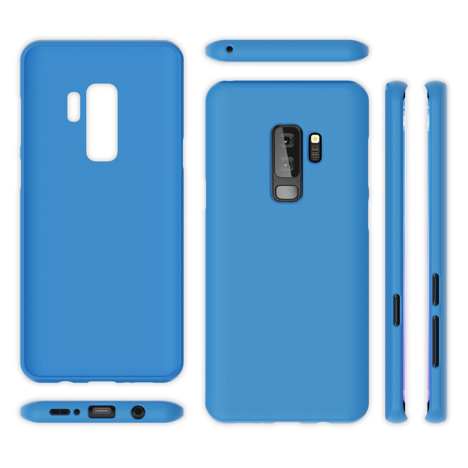 Blaue Handyhülle, mehrere Ansichten. Aussparungen für Kamera, Tasten und Anschlüsse. Weißer Hintergrund.