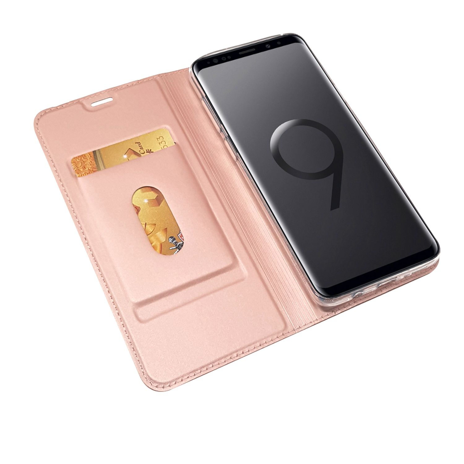 Offene rosa Handyhülle mit Karte im Schlitz und Telefon darin. Weißer Hintergrund.