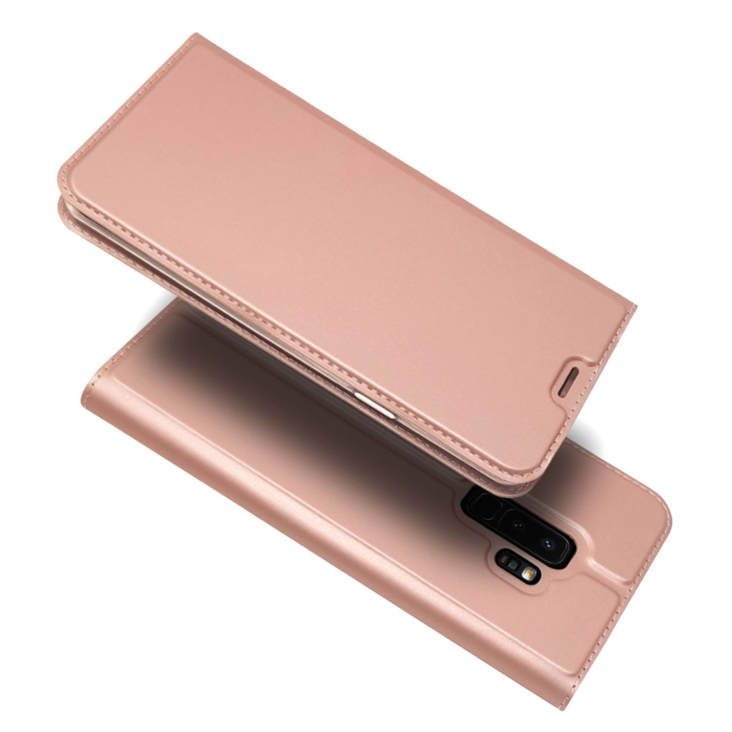 Zwei roségoldene Handyhüllen, eine offen, eine geschlossen. Weißer Hintergrund.