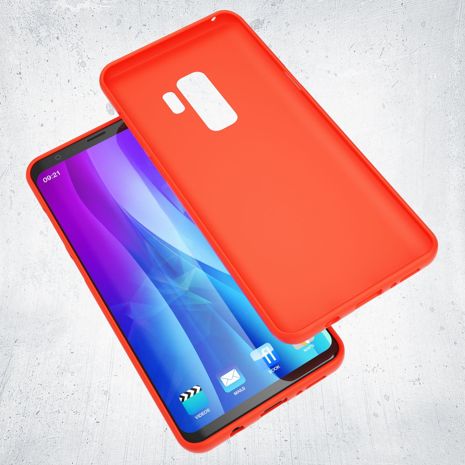 Orangefarbene Handyhülle mit Telefon darin und Teile für jede Seite. Grauer Hintergrund.
