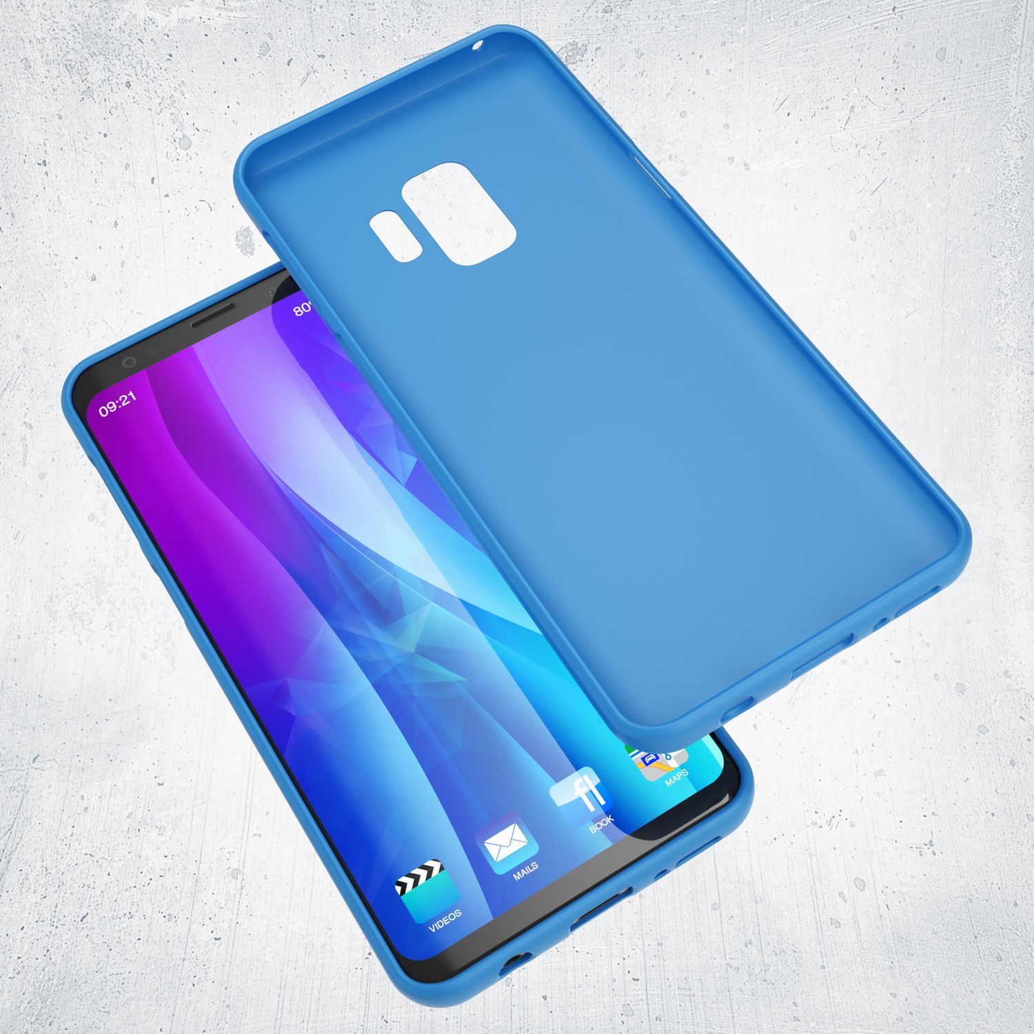 Eine blaue Handyhülle liegt auf einem Telefon, auf dem Apps sichtbar sind. Die Hülle ist abgewinkelt und der Hintergrund ist unscharf.