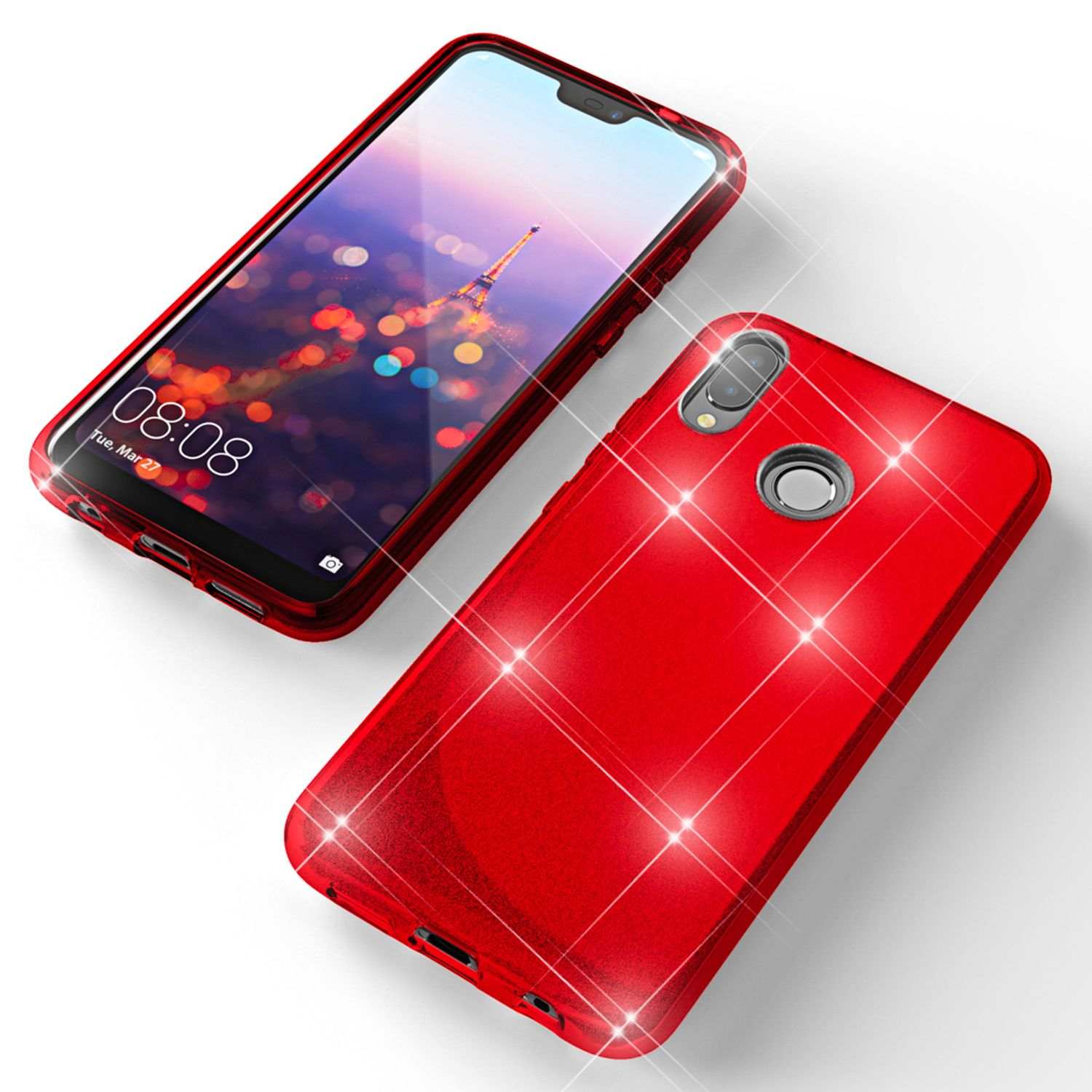 Zwei rote Handyhüllen, eine offen mit einem Handy, das eine Stadtansicht und Uhrzeit zeigt. Lichter scheinen darüber.
