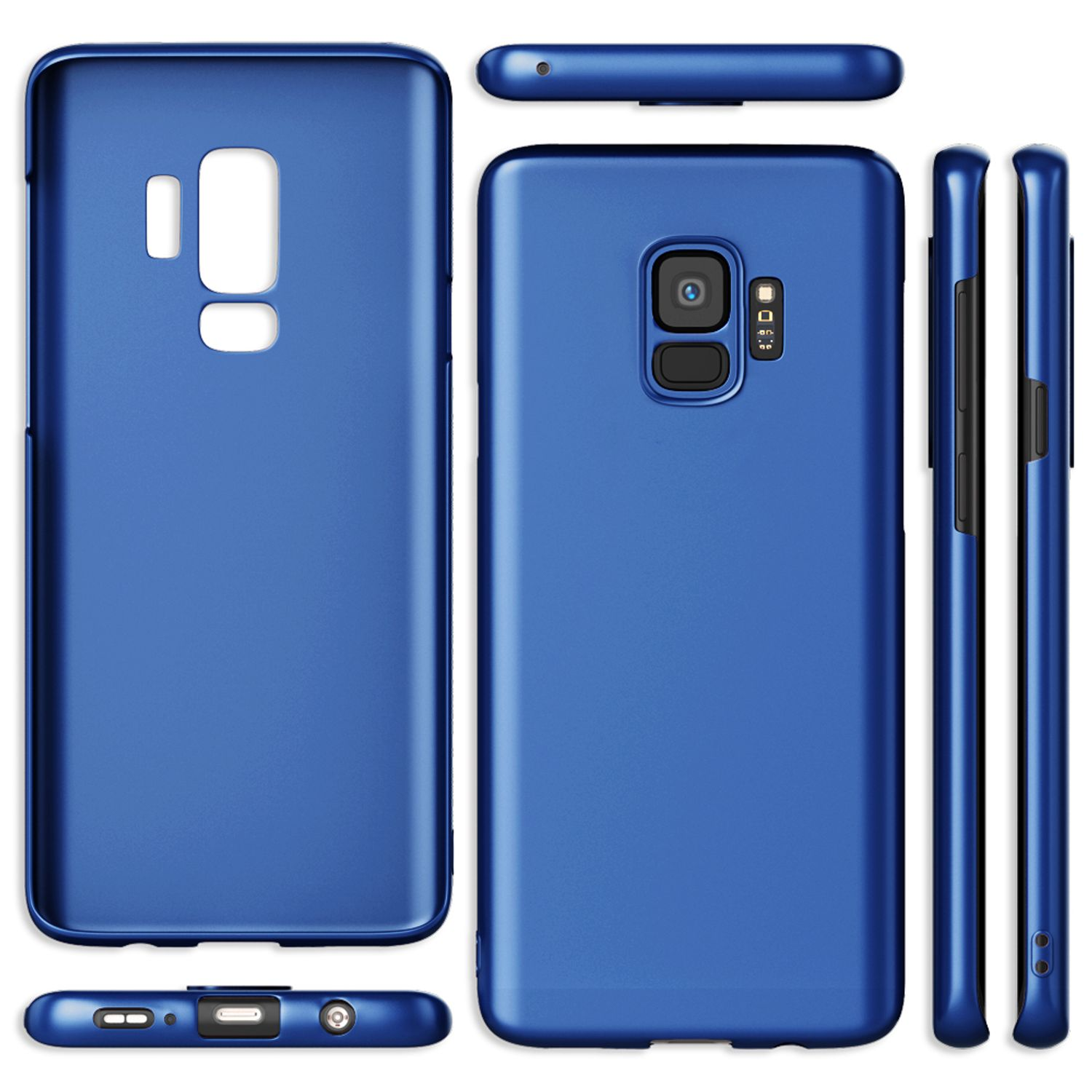 Blaue Handyhülle, verschiedene Winkel. Aussparungen für Kamera und Tasten. Sauberes Design, heller Hintergrund.