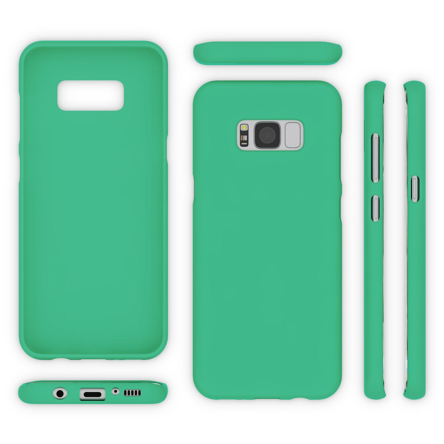 Grüne Handyhülle. Mehrere Winkel, mit Aussparungen für Kamera und Tasten. Sauberes Design, weißer Hintergrund.