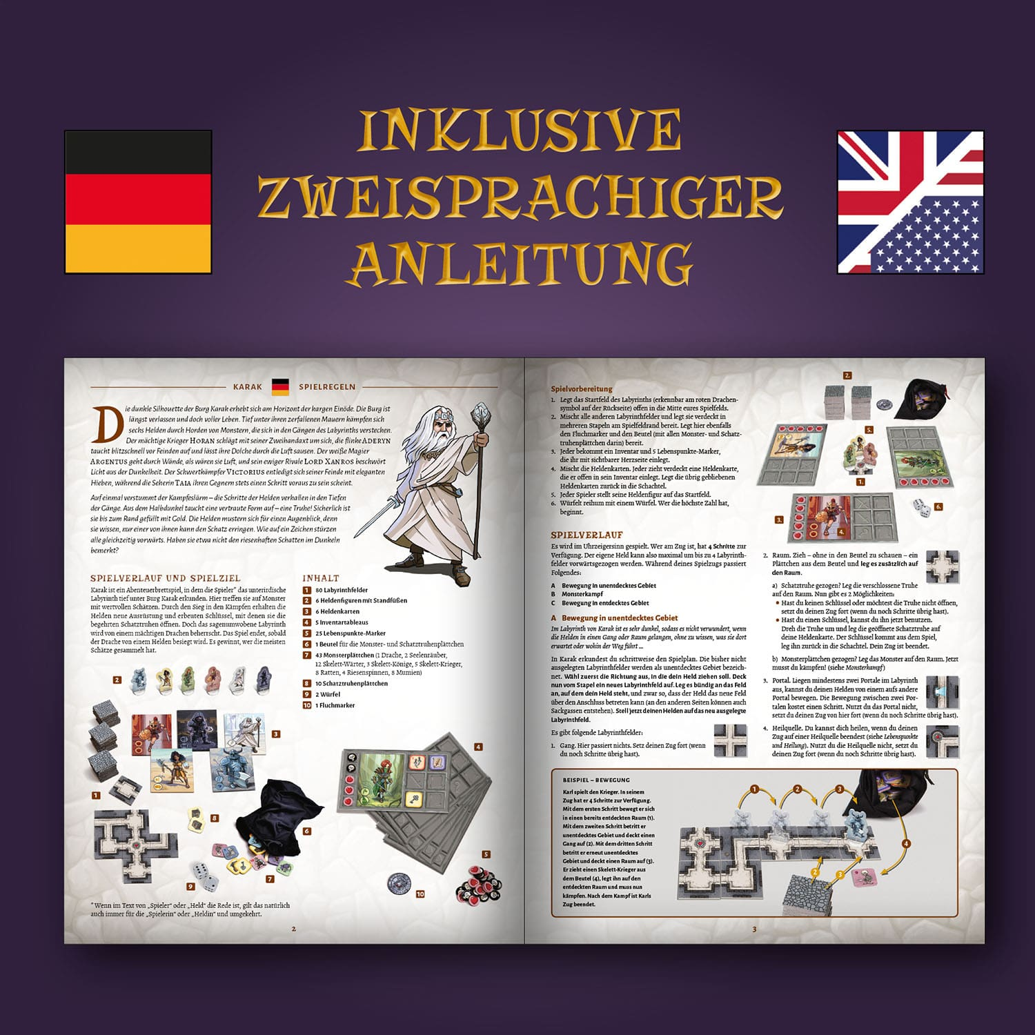 Ein offenes Buch mit deutschem und englischem Text. Die Seite enthält Spielanweisungen, Illustrationen und eine Flagge Deutschlands und Großbritanniens.